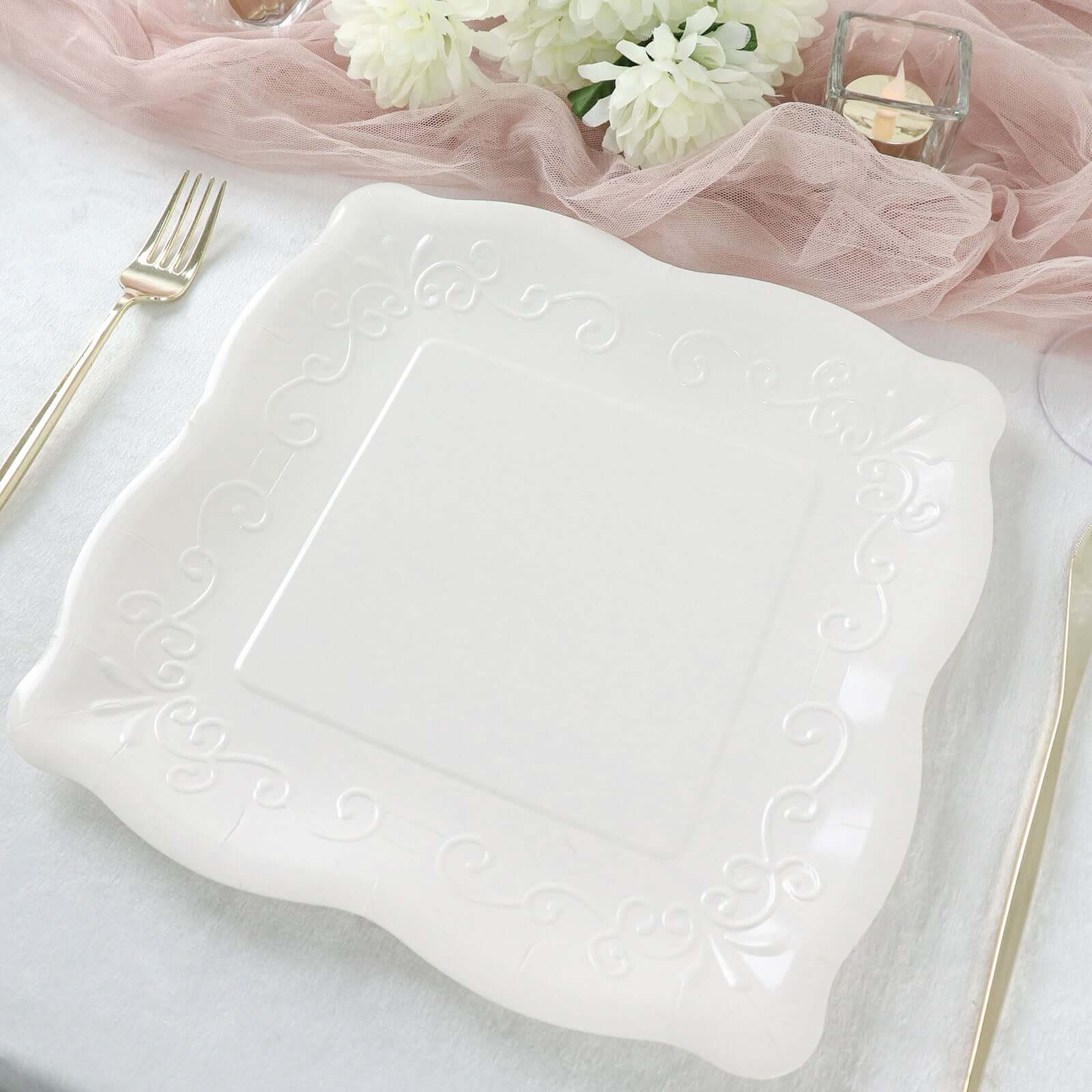 25-Pack Disposable White Square Dinner Plates with Vintage Pottery Embossed Design - Great Value!