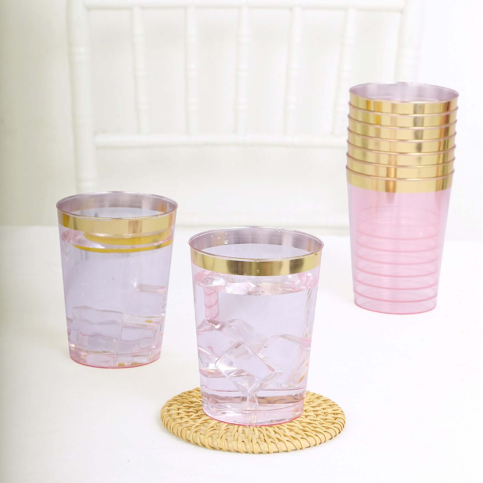 25-Pack 10oz Disposable Plastic Tumbler Cups in Transparent Blush with Stylish Gold Rim