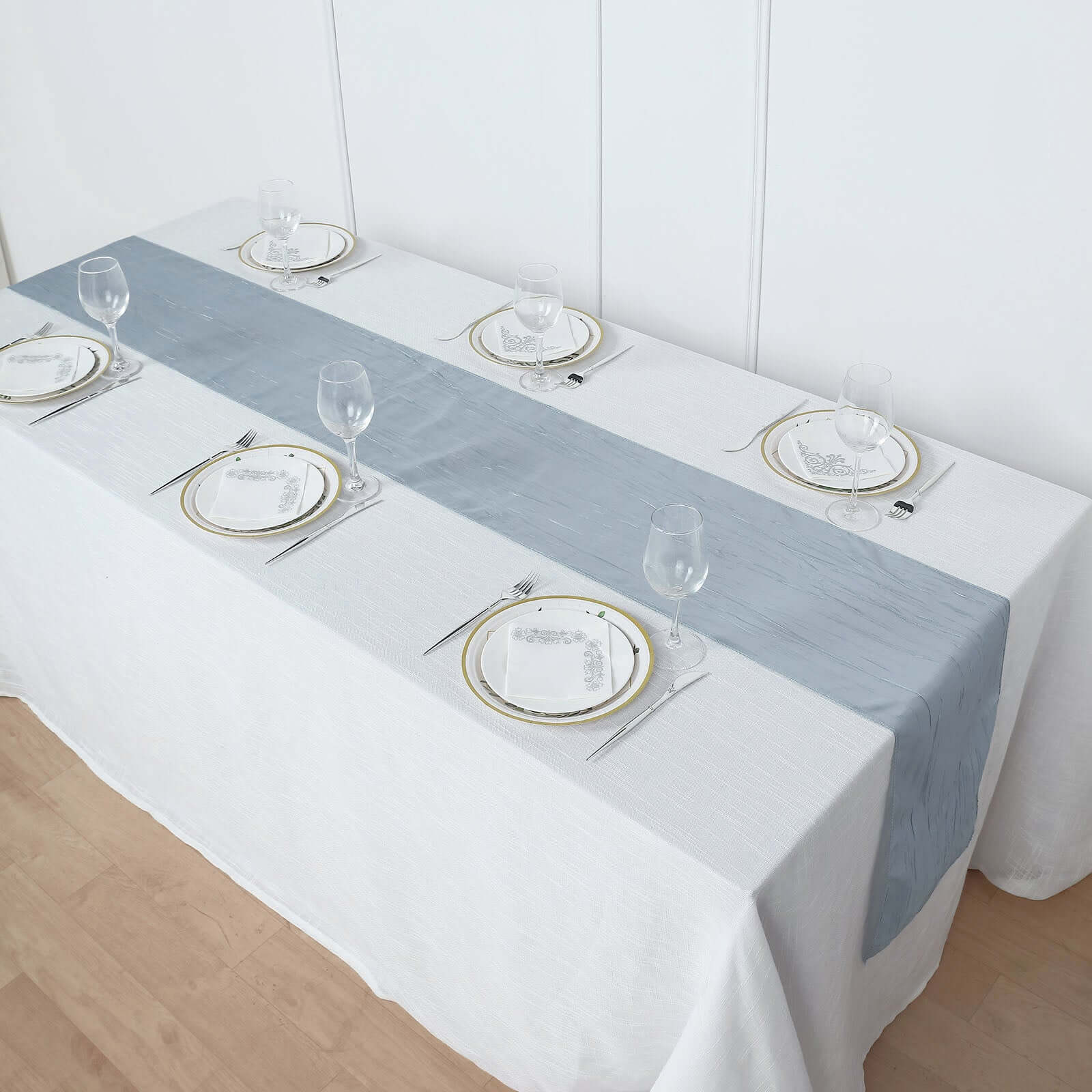 12x108 Dusty Blue Taffeta Table Runner with Accordion Crinkle & Metallic Shine