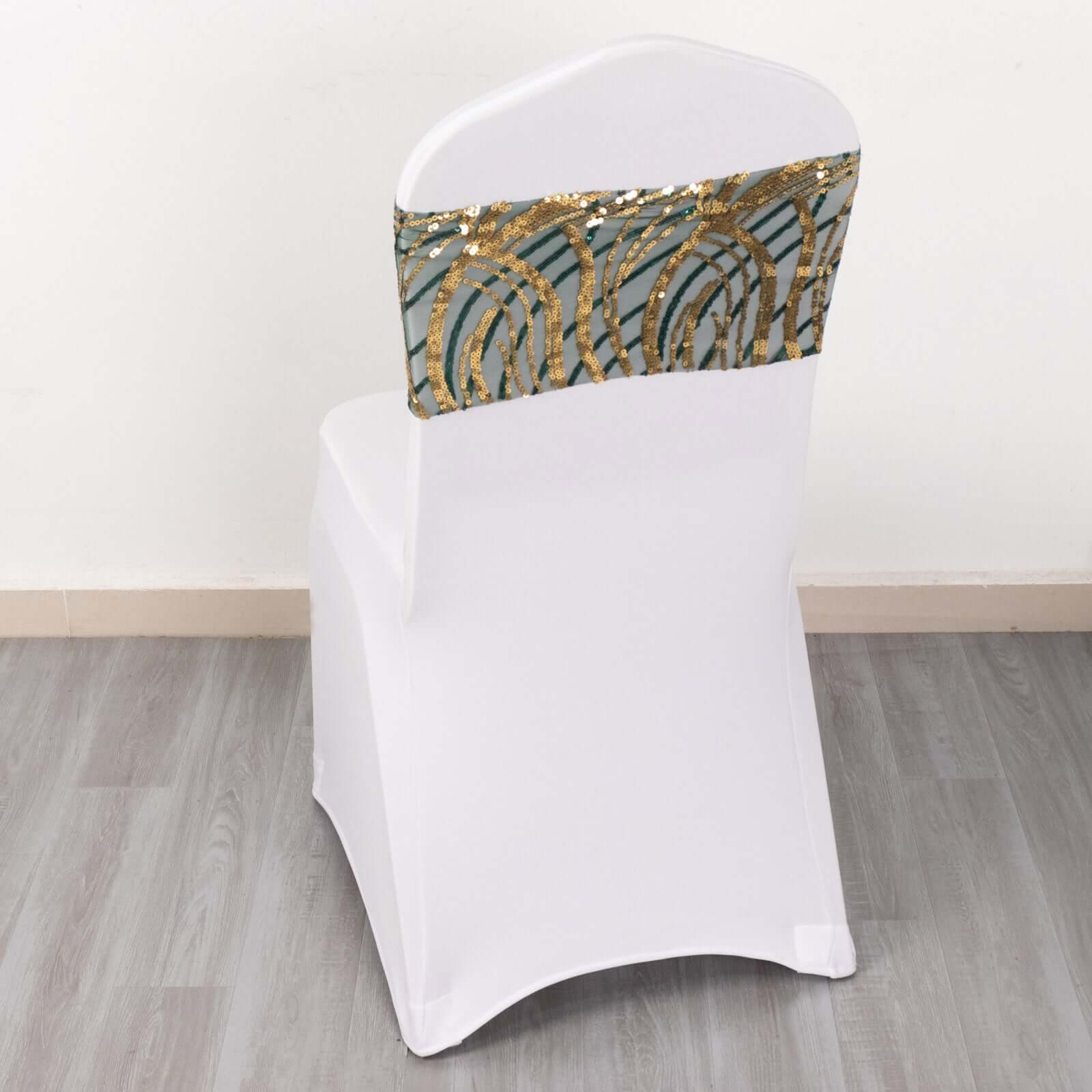 Hot Deal! 5-Pack Hunter Emerald Green/Gold Chair Sash Bands with Wave Embroidered Sequins