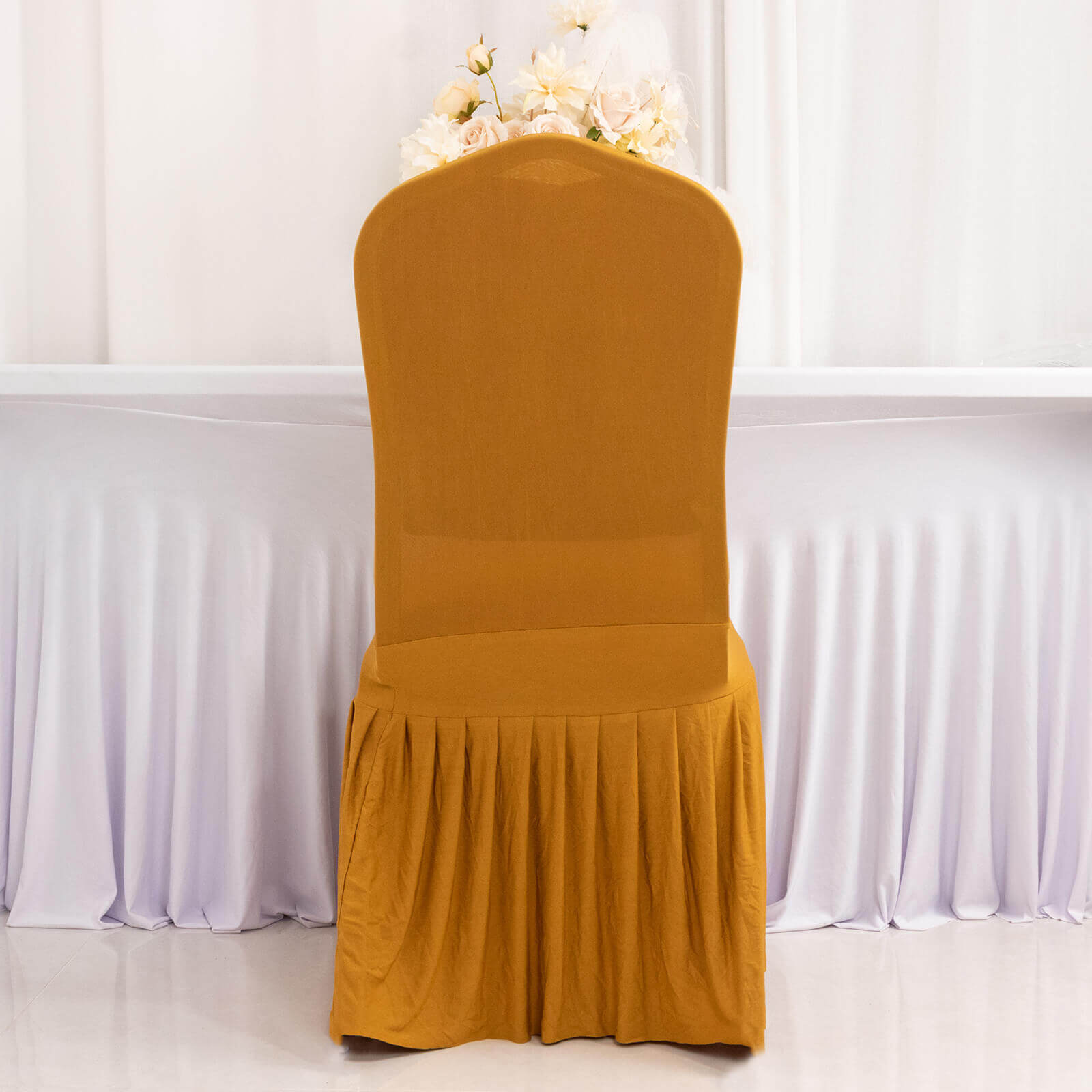 Gold Spandex Stretch Chair Cover with Ruffle Pleated Skirt - Ideal for Banquets!