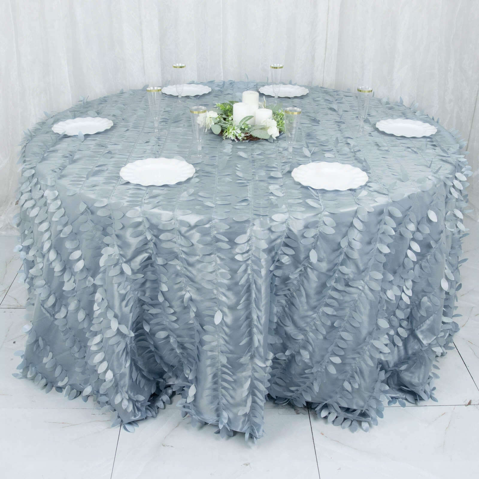 Exclusive Dusty Blue Taffeta 132' Round Tablecloth with 3D Leaf Petal Design