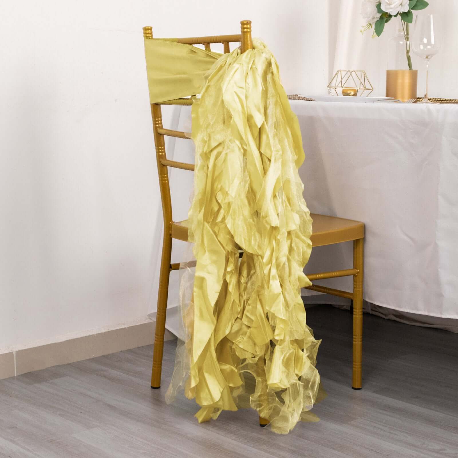Hot Deal! 5-Piece Champagne Chiffon Satin Chair Sashes with Curly Willow Style