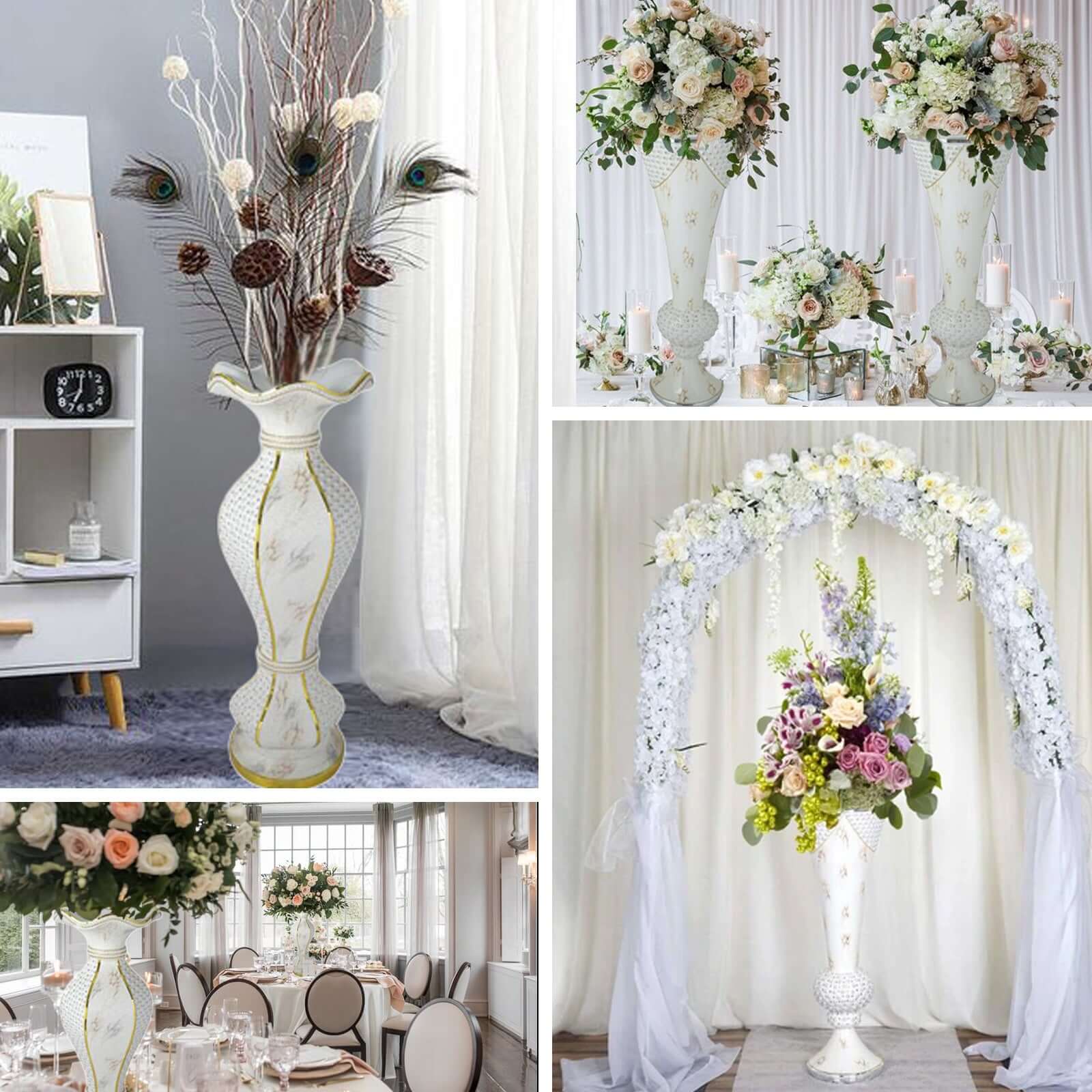 40-Inch Shimmering Gold Glitter Marble Flower Pot Vase with Pearl and Mirror Mosaic Decor