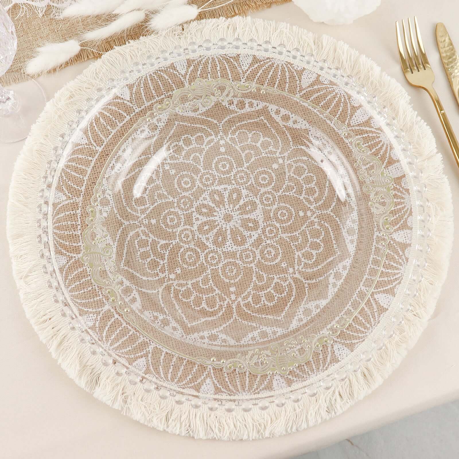 Hot Deal! 4-Pack Round Mandala Print Jute Placemats with Fringe and Tassel Design, Natural and White