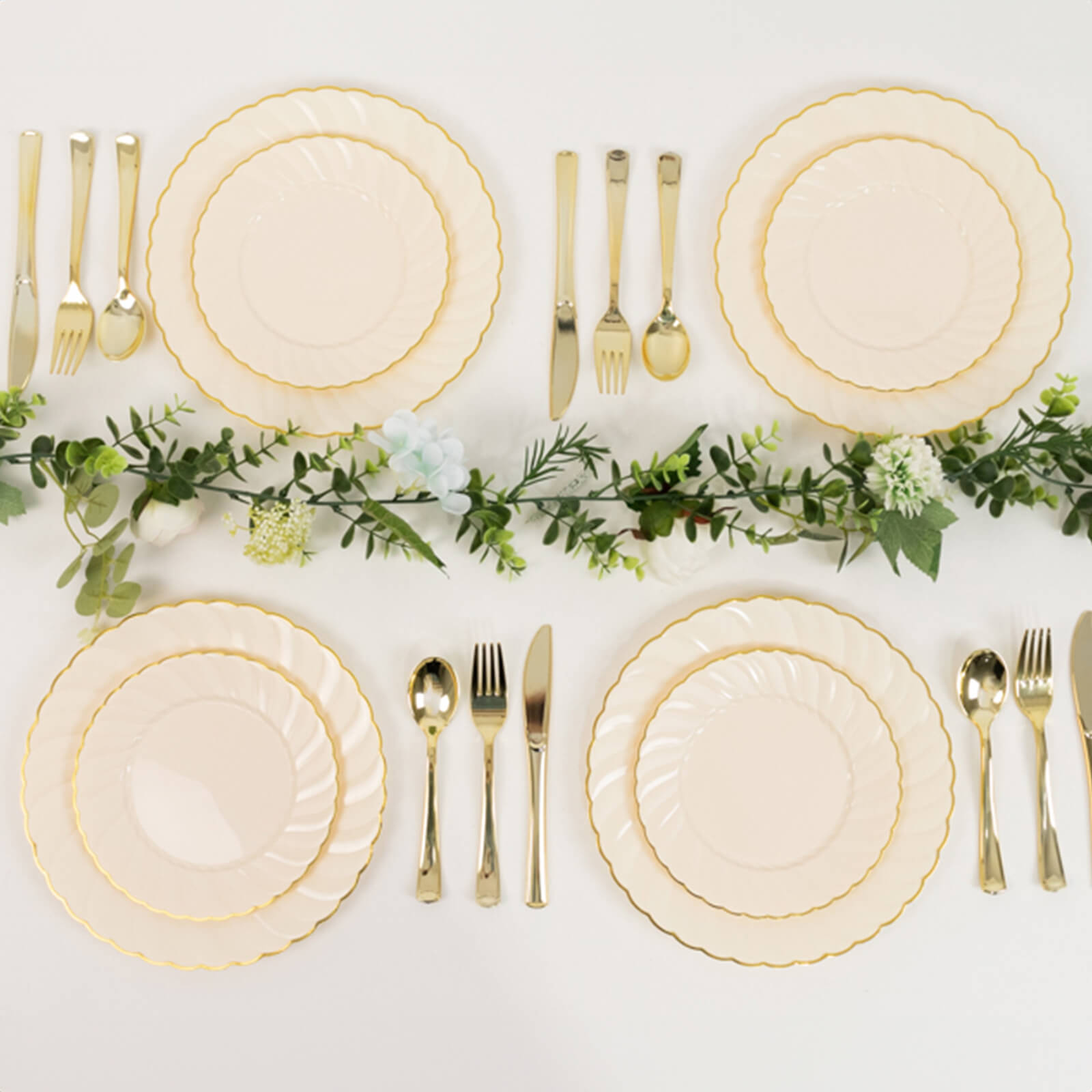 10-Pack Disposable Ivory Plastic Salad Dessert Plates with Gold Flair Rim - Great for Parties