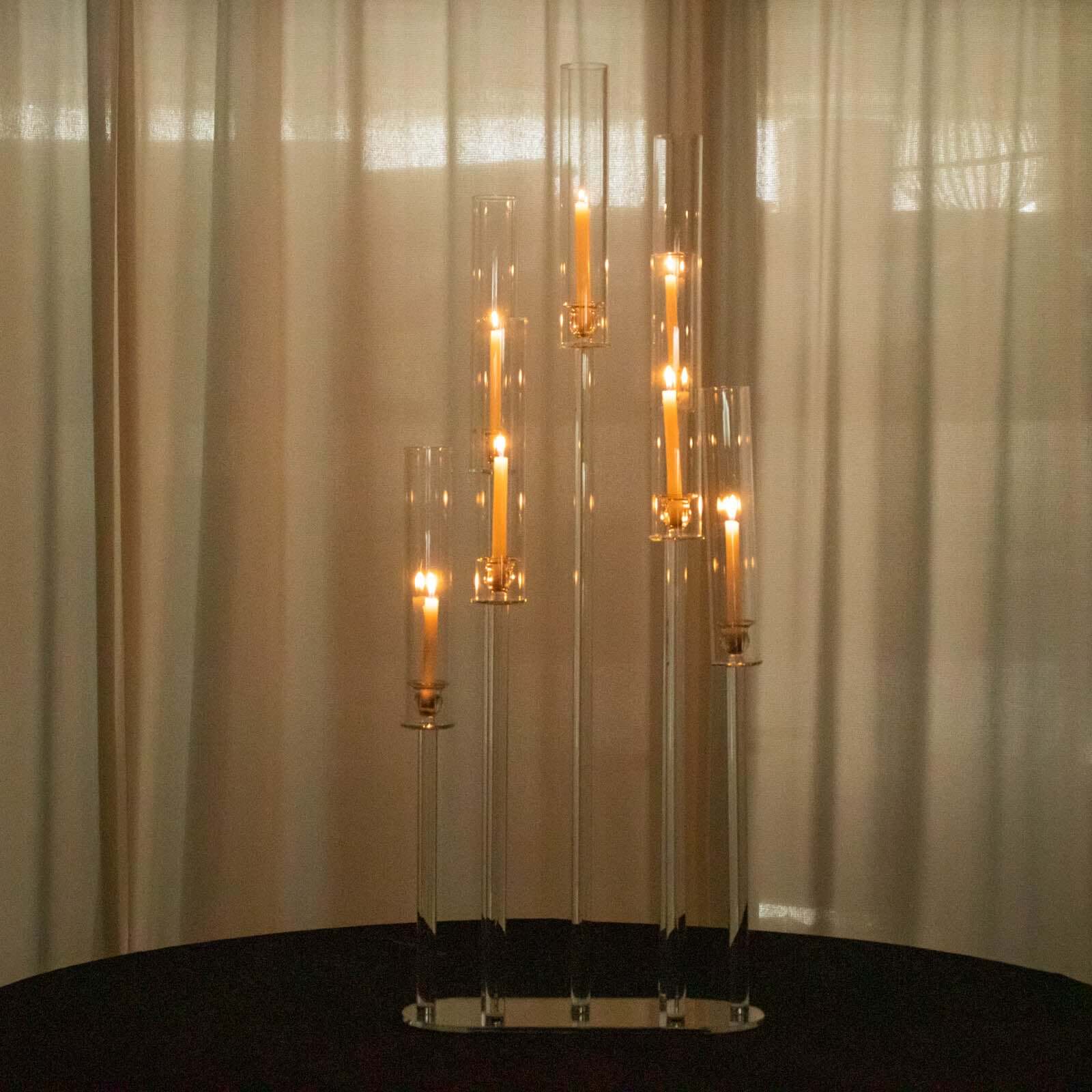 7-Arm Clear Crystal Candelabra with Hurricane Shades - Perfect Wedding Centerpiece