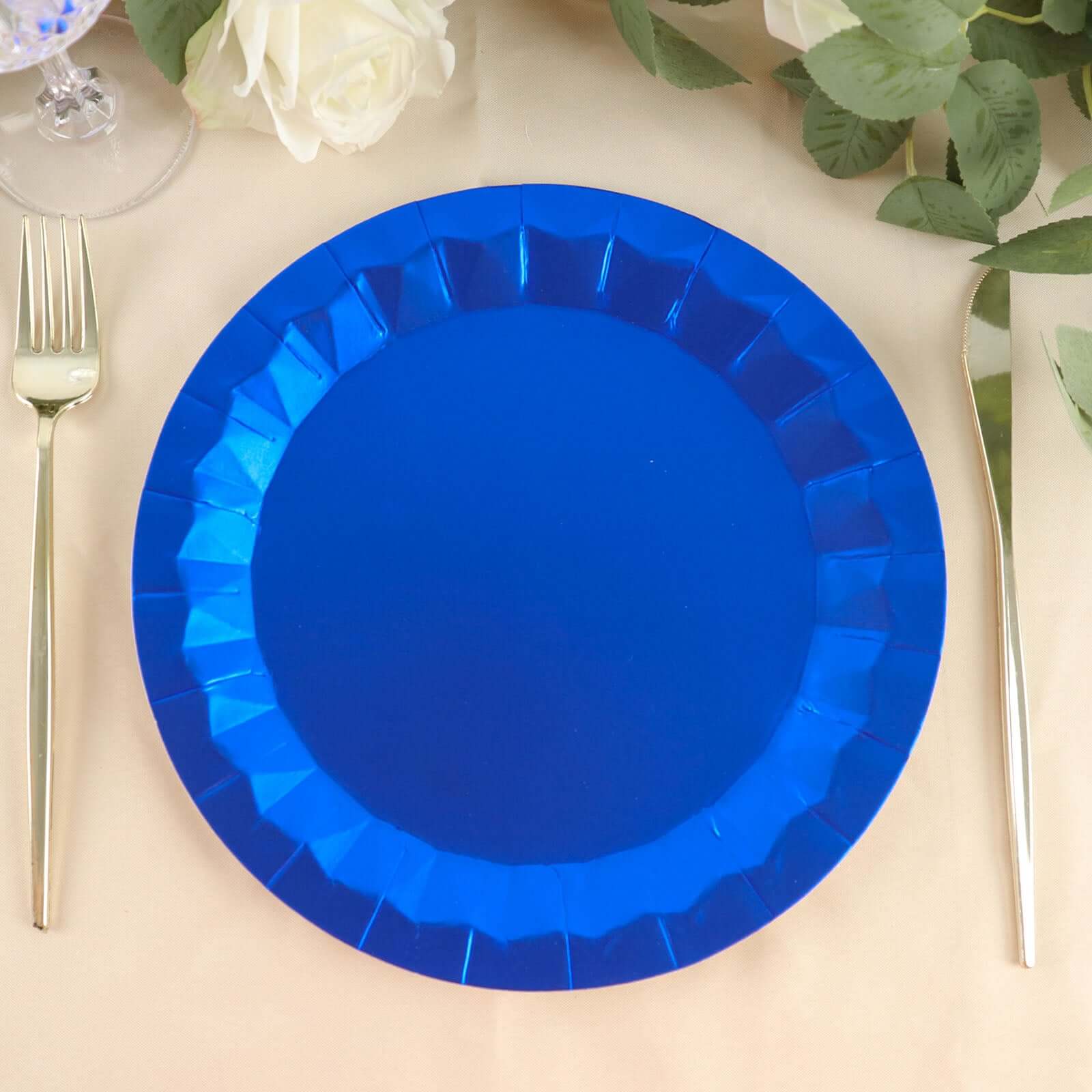 Hot Deal! 25-Piece Set of Disposable 400GSM Royal Blue Round Dinner Paper Plates with Geometric Prism Rim