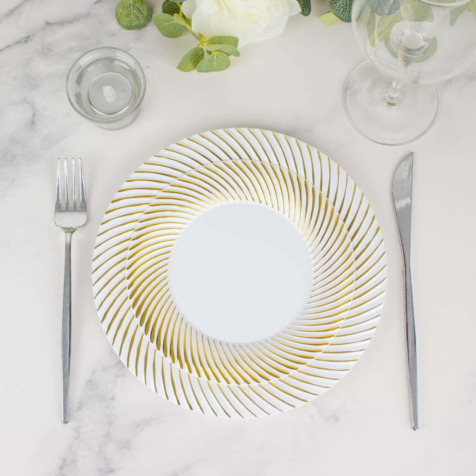 10-Pack Disposable White Plastic Round Dessert Plates with Gold Swirl Rim for Elegant Events