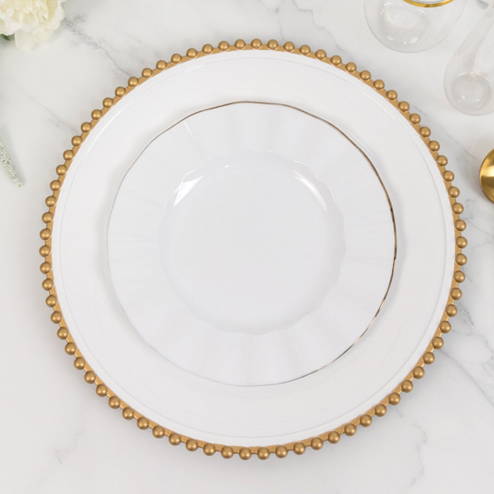 Hot Deal! 6-Pack 13-Inch White Acrylic Round Charger Plates with Gold Beaded Rim for Dinner Party
