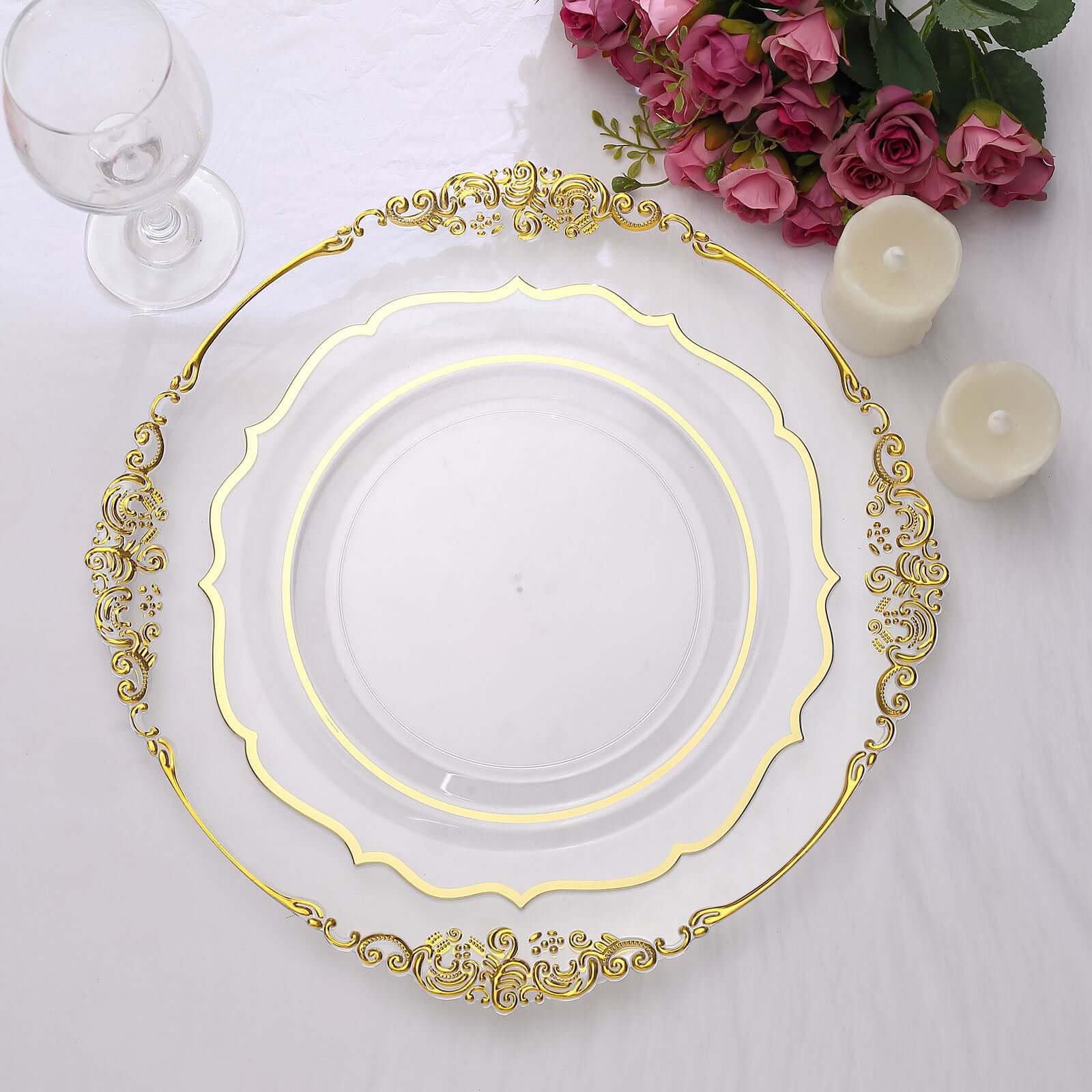 10-Piece Set of Clear Plastic Round Dinner Plates with Gold Scalloped Rims - Disposable for Parties