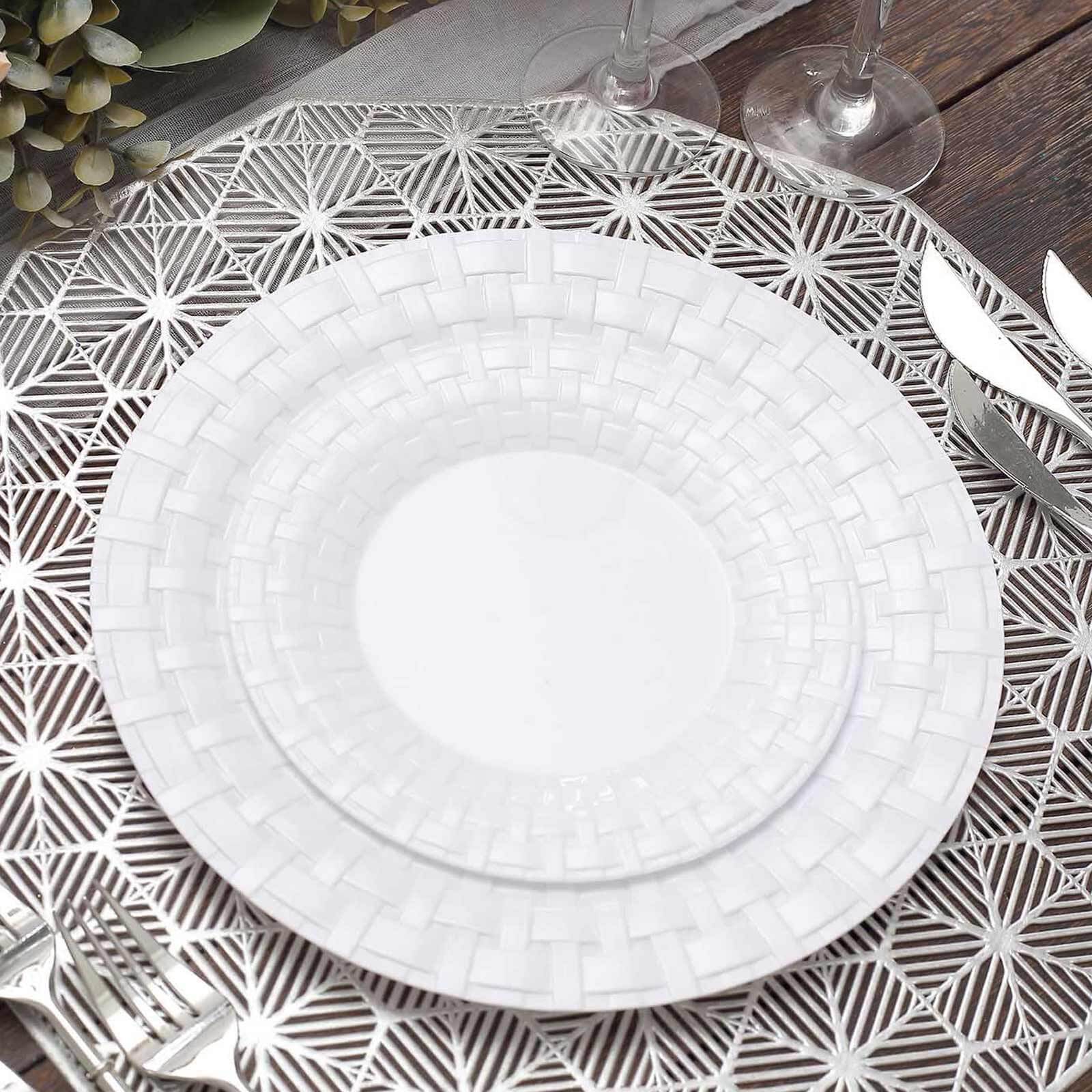 10-Piece Set of 7-Inch White Basketweave Rim Round Disposable Plastic Salad & Dessert Plates