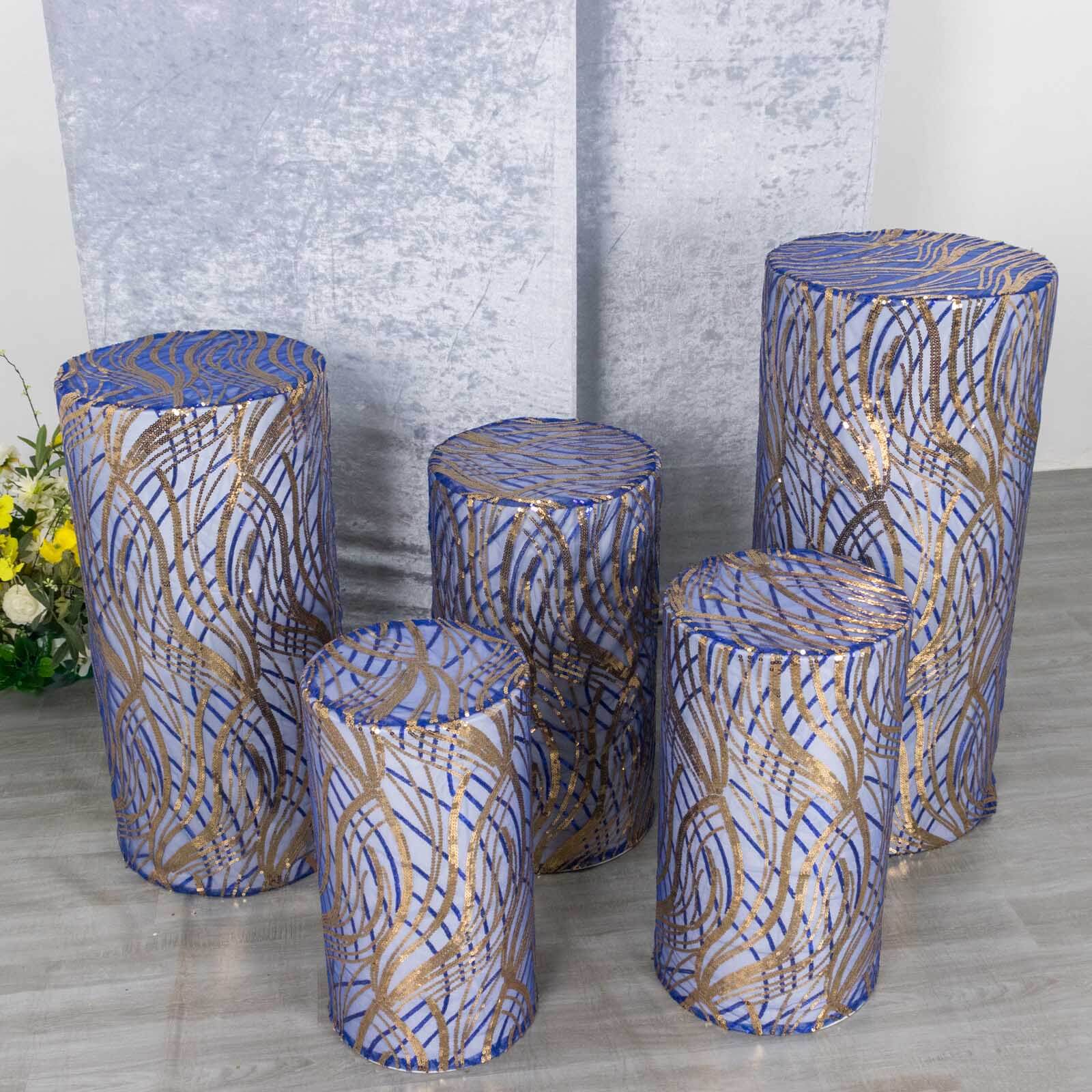 Hot Sale! Set of 5 Royal Blue Sequin Mesh Cylinder Pedestal Stand Covers with Wave Pattern