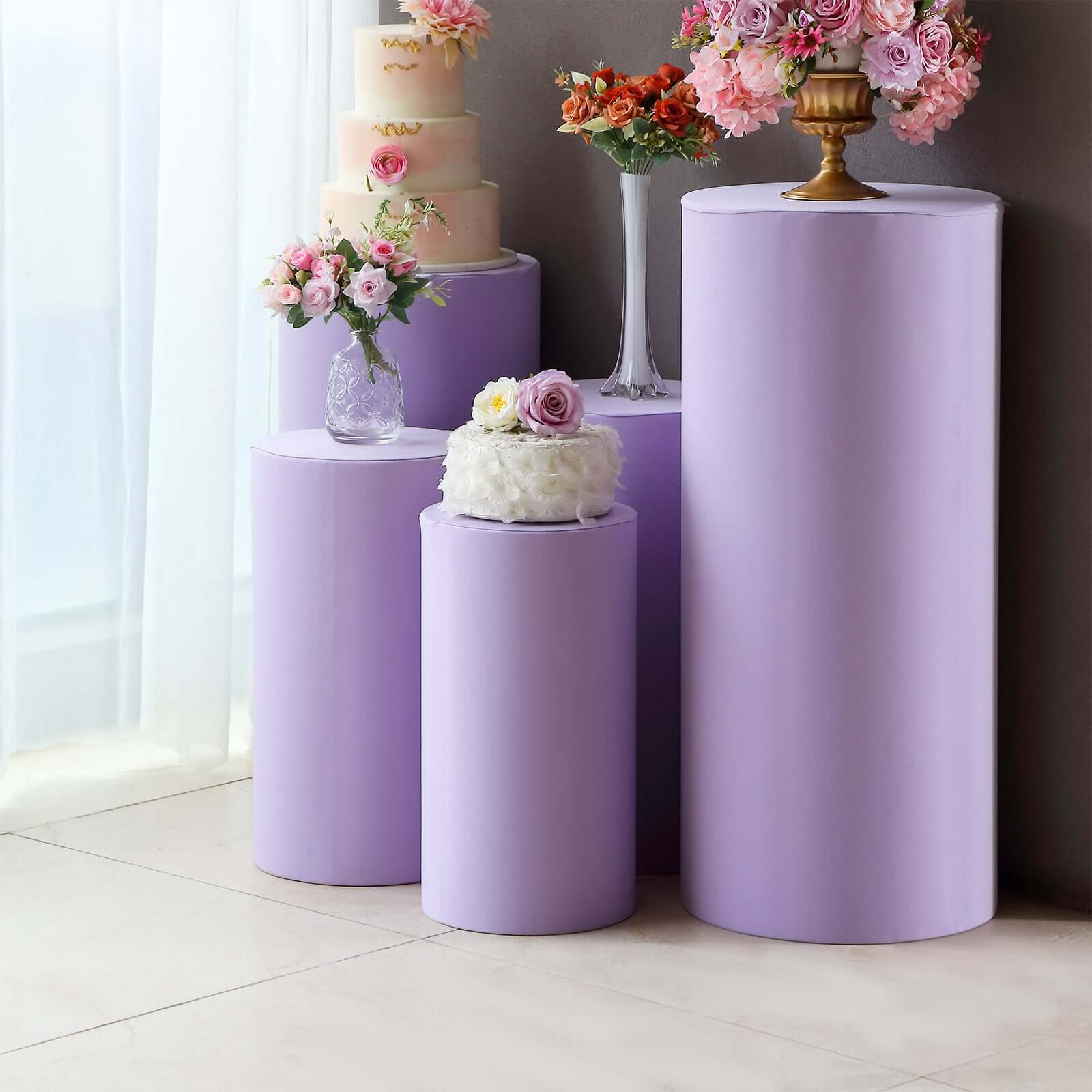 Hot Sale! Set of 5 Lavender Spandex Cylinder Pedestal Stand Covers for Various Decorations