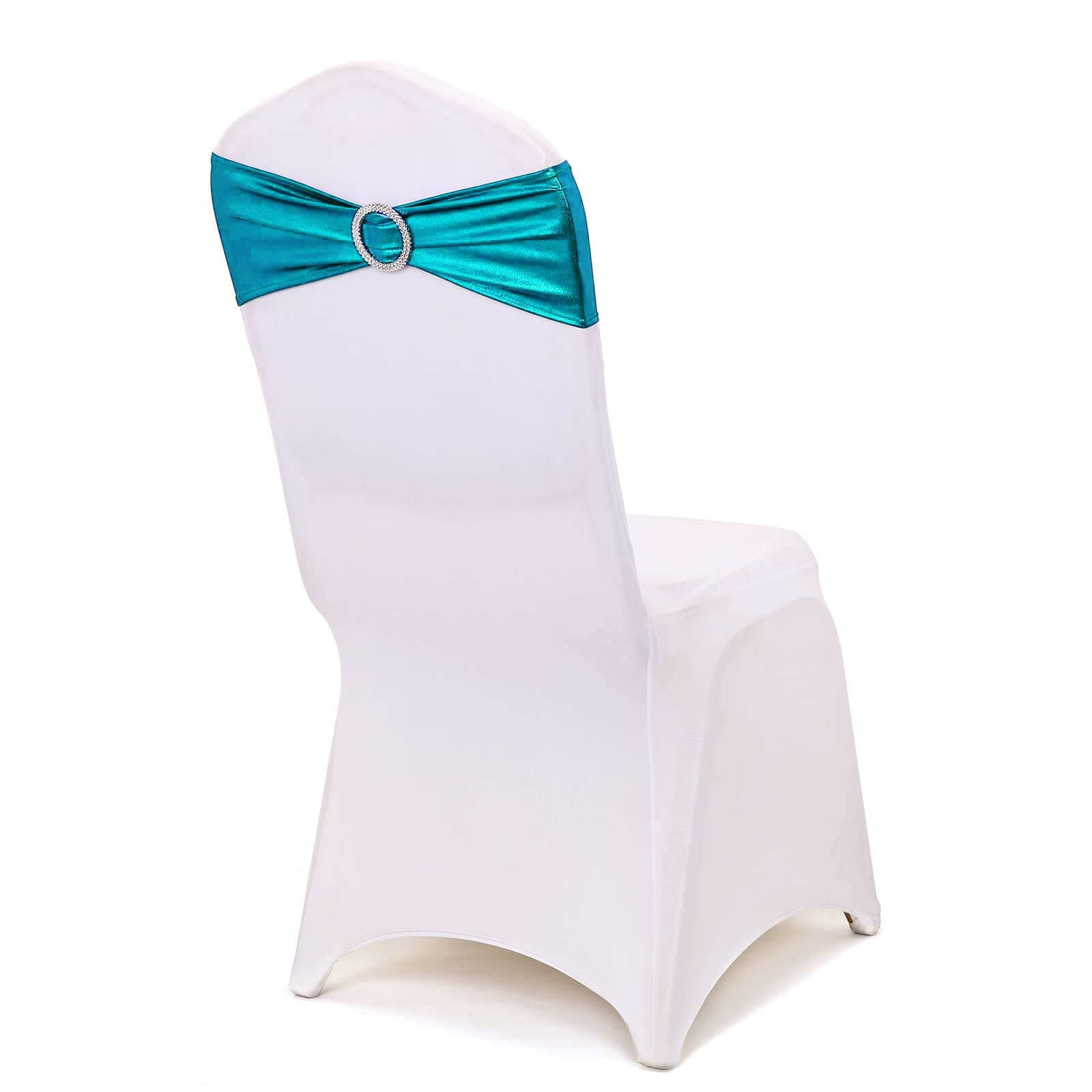 5-Pack Metallic Peacock Teal Spandex Chair Sashes with Round Diamond Buckles - Great for Events