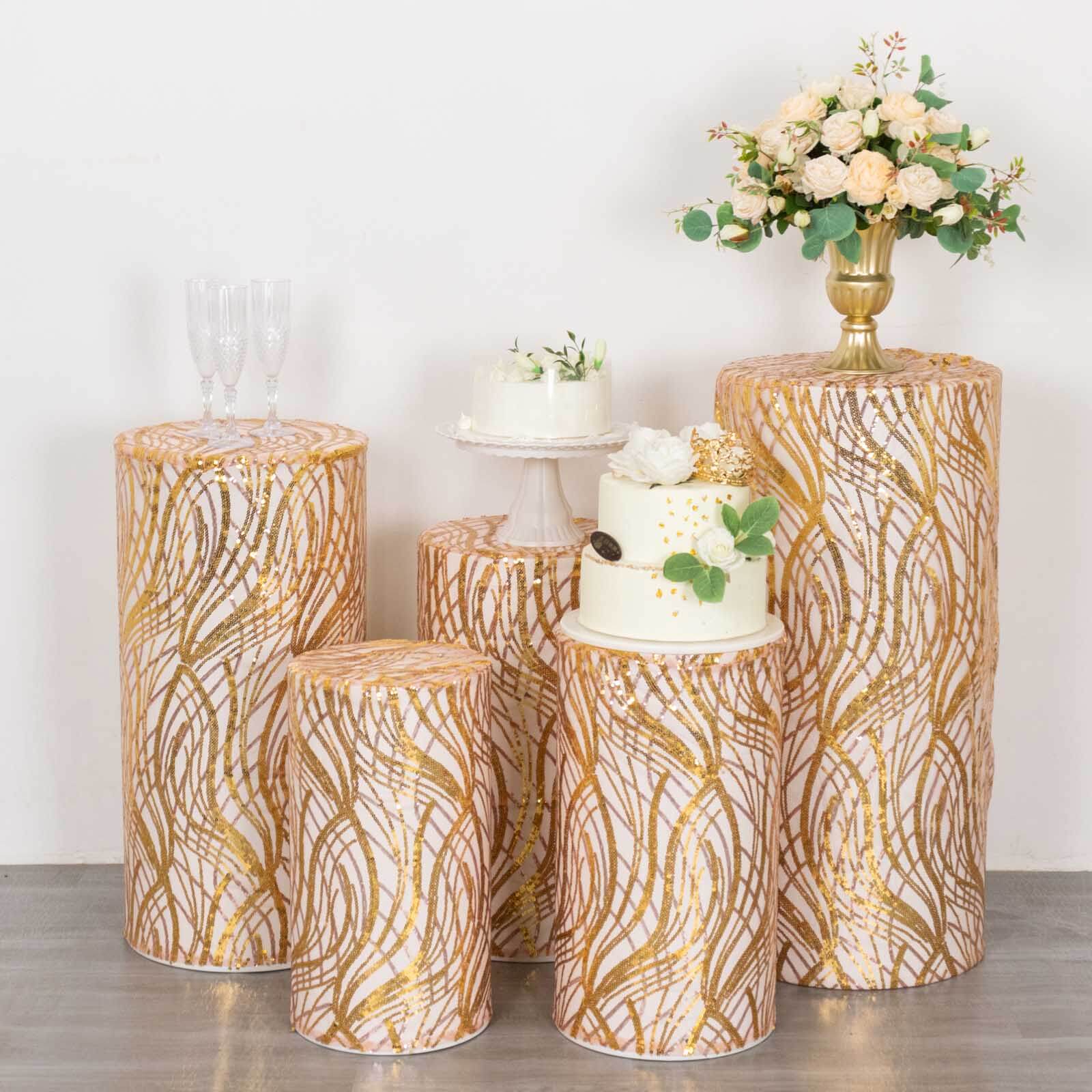 Set of 5 Rose Gold and Gold Sparkly Wave Sequin Mesh Cylinder Pedestal Stand Covers