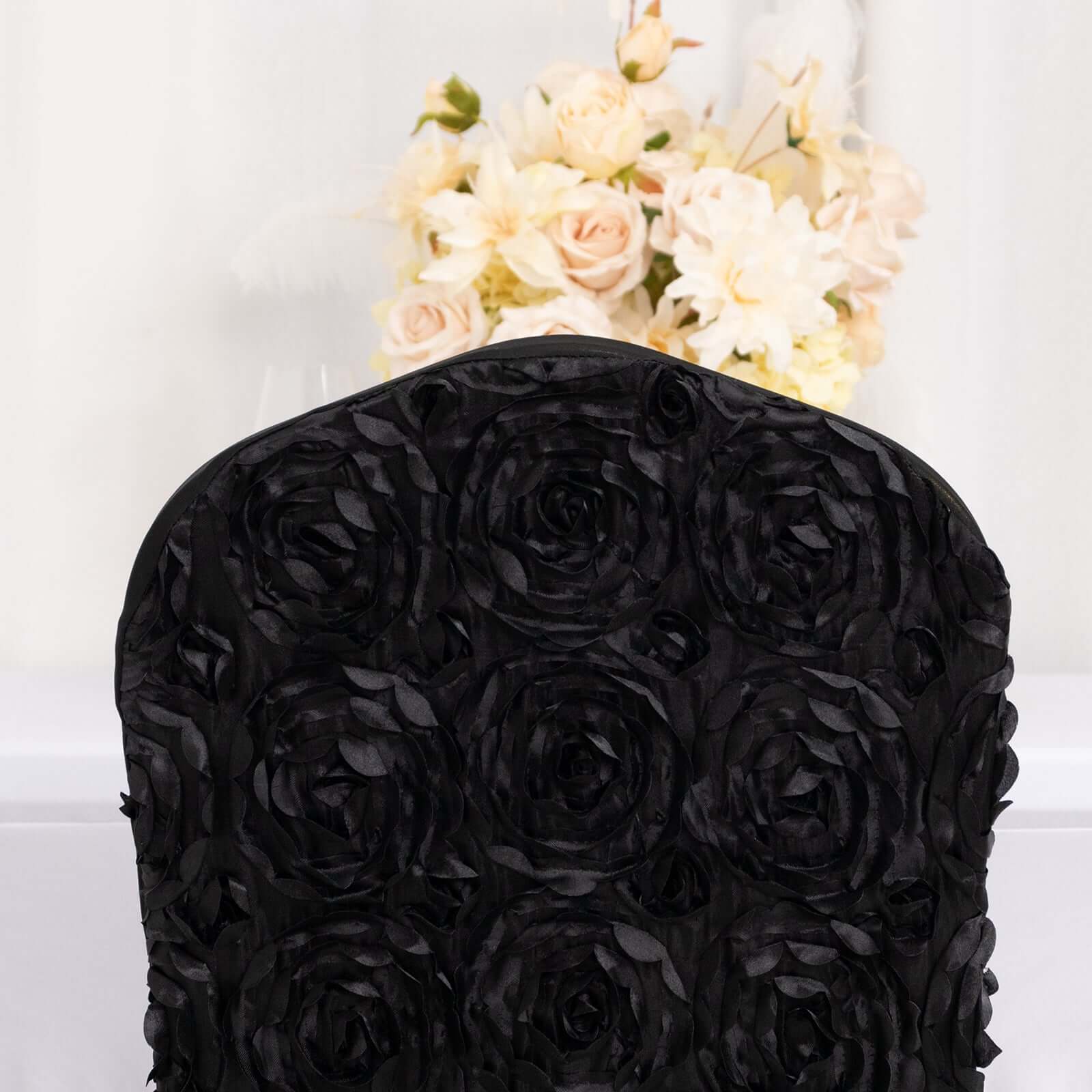 Black Stretch Fitted Satin Rosette Slip-On Cover for Banquet Chairs