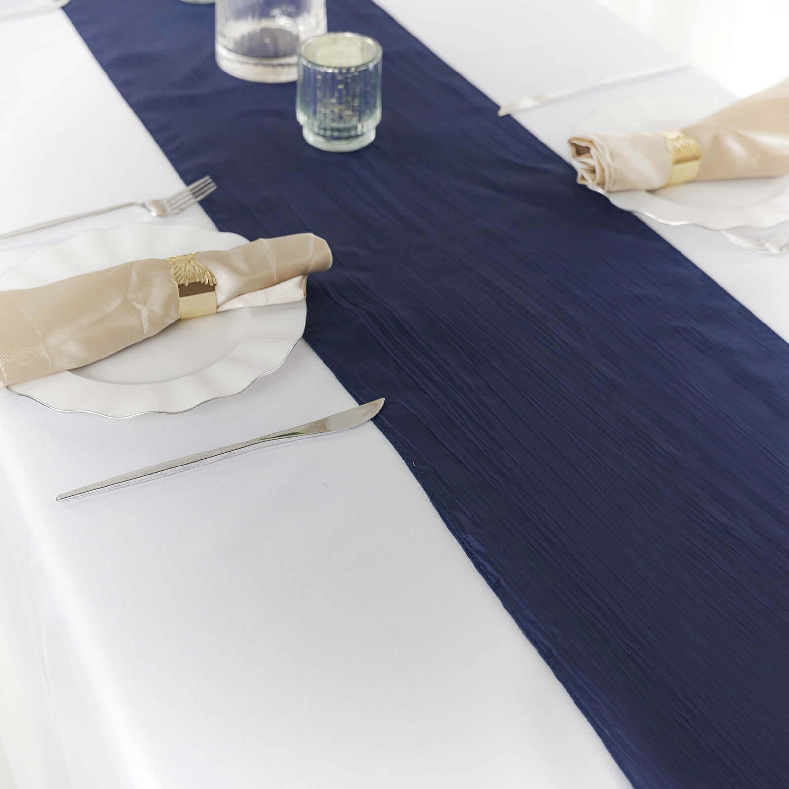 Navy Blue Taffeta 12x108 Table Runner with Accordion Crinkle Design