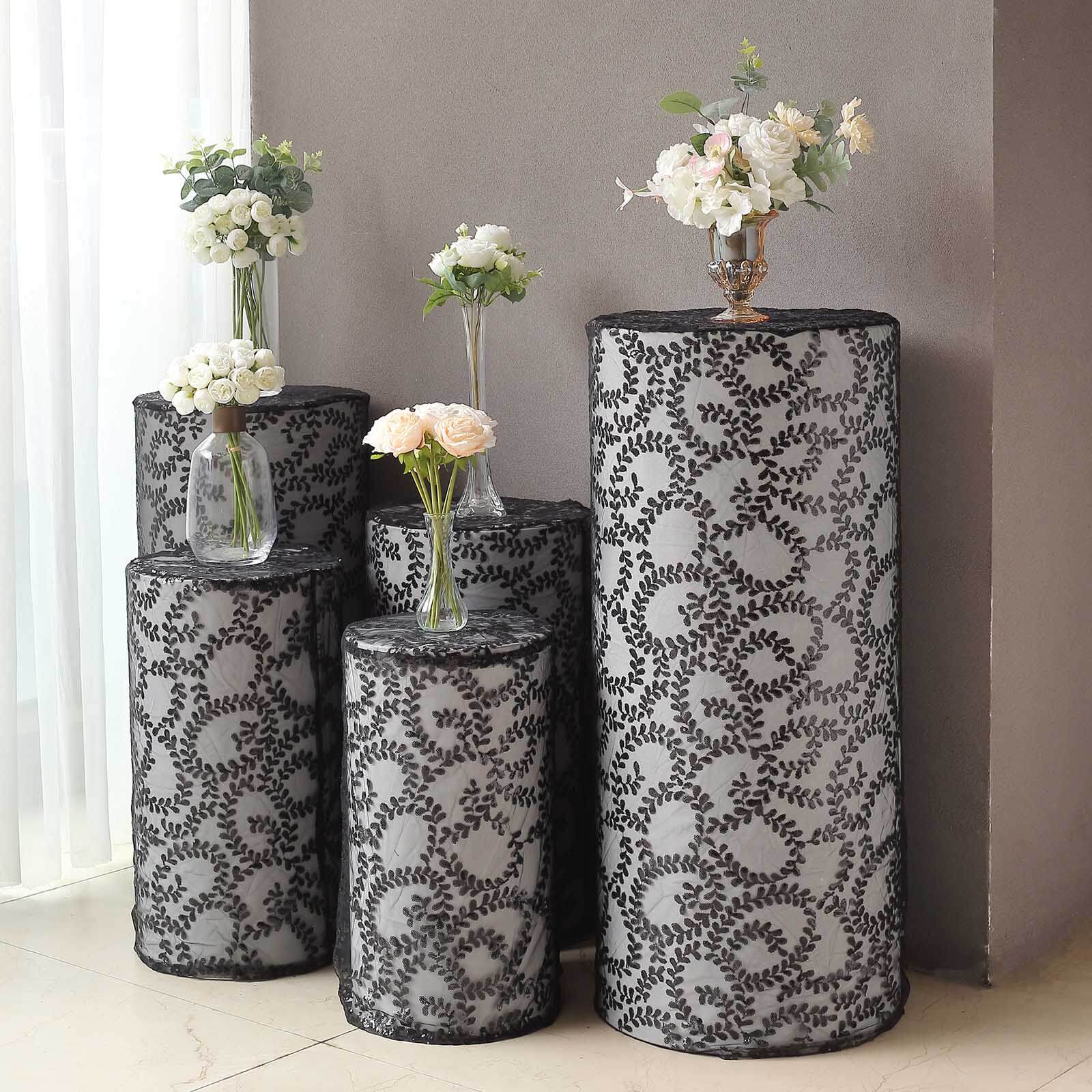 Set of 5 Sparkling Black Sequin Mesh Cylinder Pedestal Covers with Leaf Vine Design