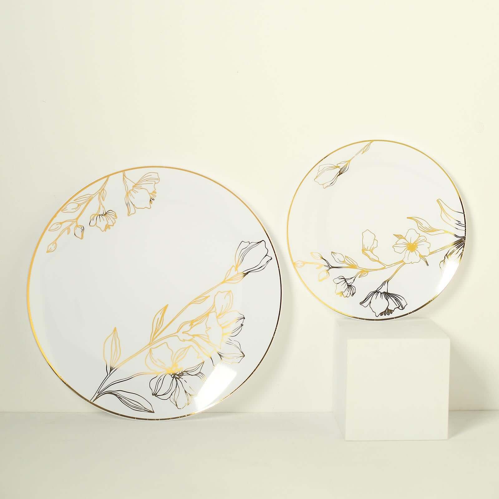 Hot Deal! Set of 20 Disposable Plastic Dinner and Dessert Plates in White with Gold Floral Design for Special Occasions