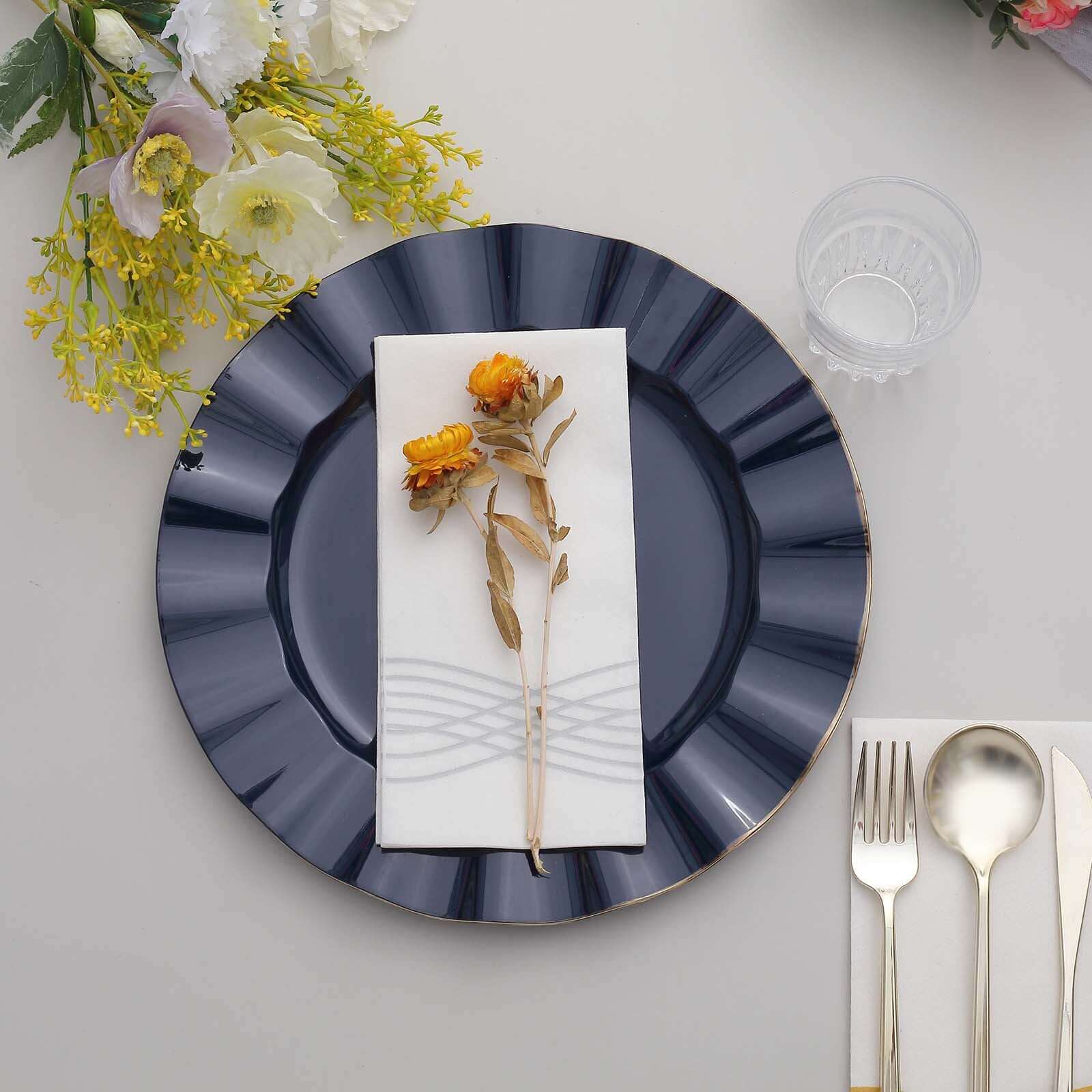 Hot Deal! 10-Pack 11" Navy Blue Plastic Round Dinner Plates with Gold Ruffled Edging - Sturdy Disposable