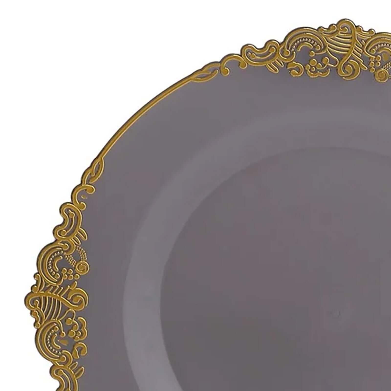 Hot Deal! 10-Pack Disposable 8-Inch Round Plastic Dessert Plates in Transparent Black with Gold Leaf Embossed Rim, Vintage Baroque Style