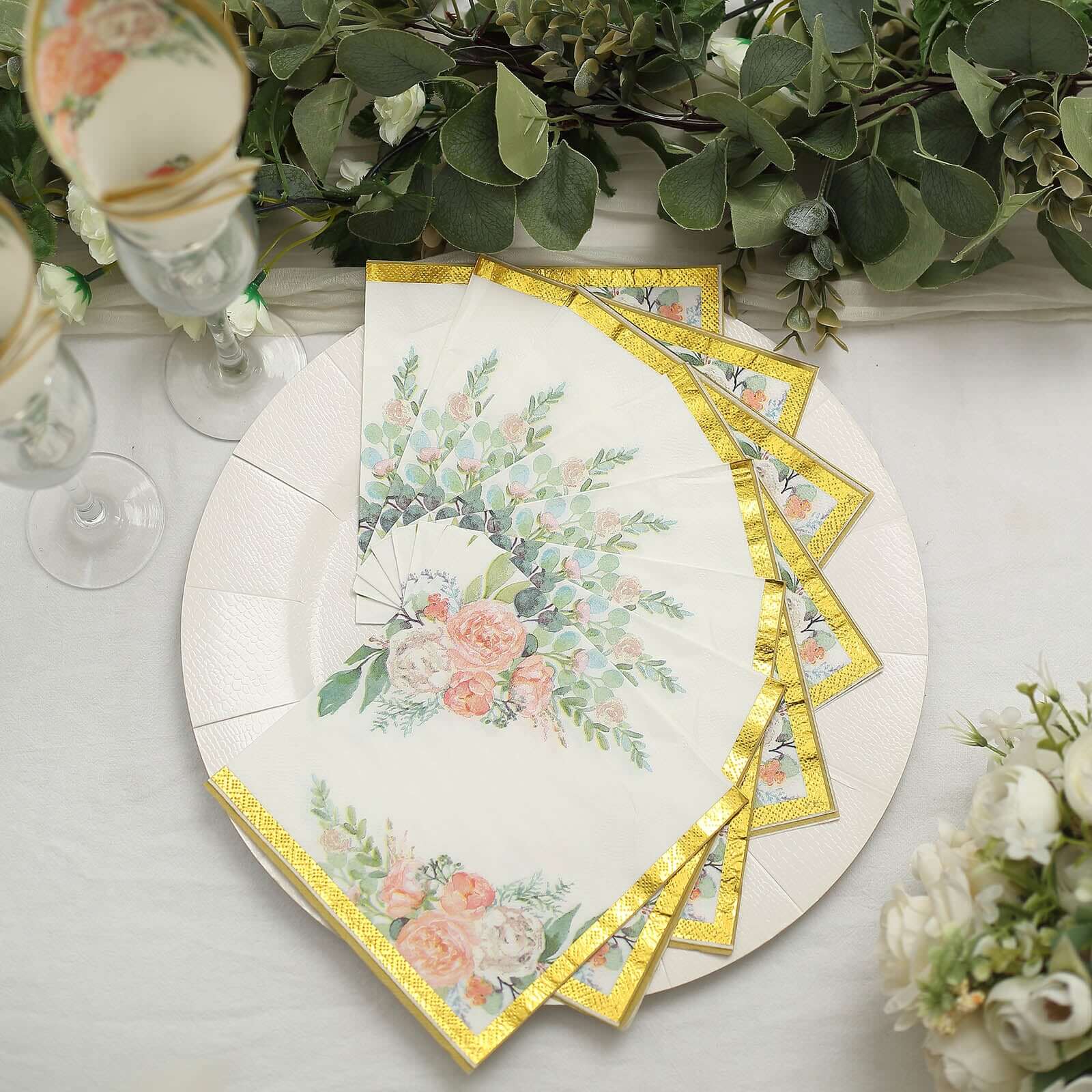 20-Pack 18GSM 2-Ply Pink Peony Floral Gold Trimmed White Paper Cocktail Napkins for Weddings - Hot Sale