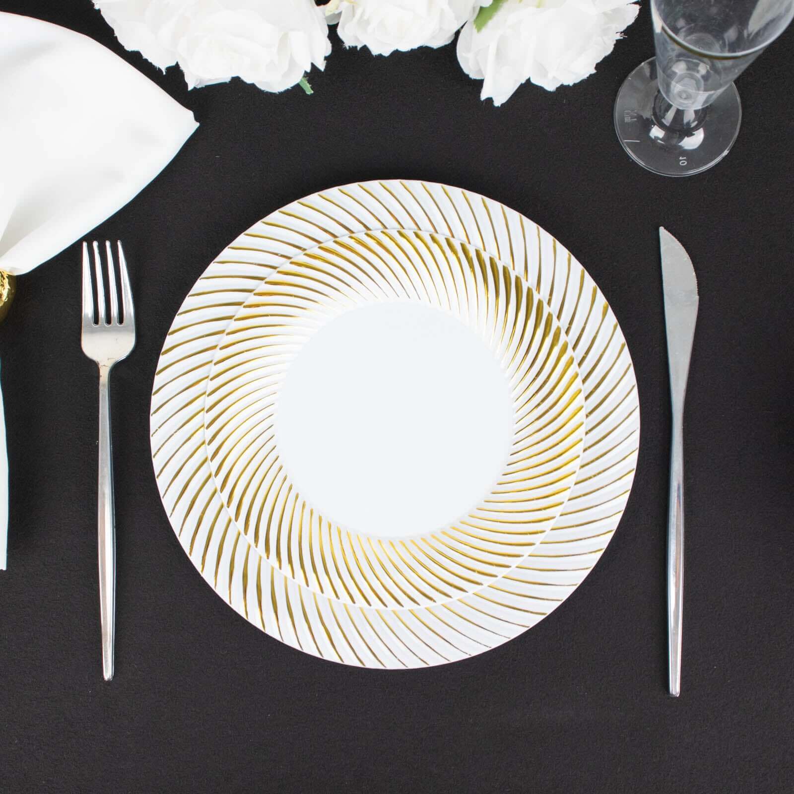 10-Pack Disposable White Plastic Round Dessert Plates with Gold Swirl Rim for Elegant Events