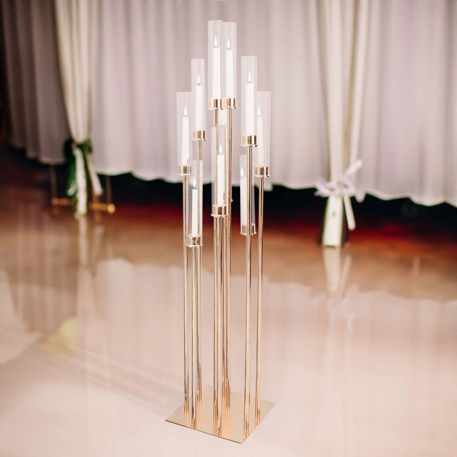 Stylish 10 - Arm Gold Cluster Taper Candle Holder with Clear Glass Shades for Gatherings, 50