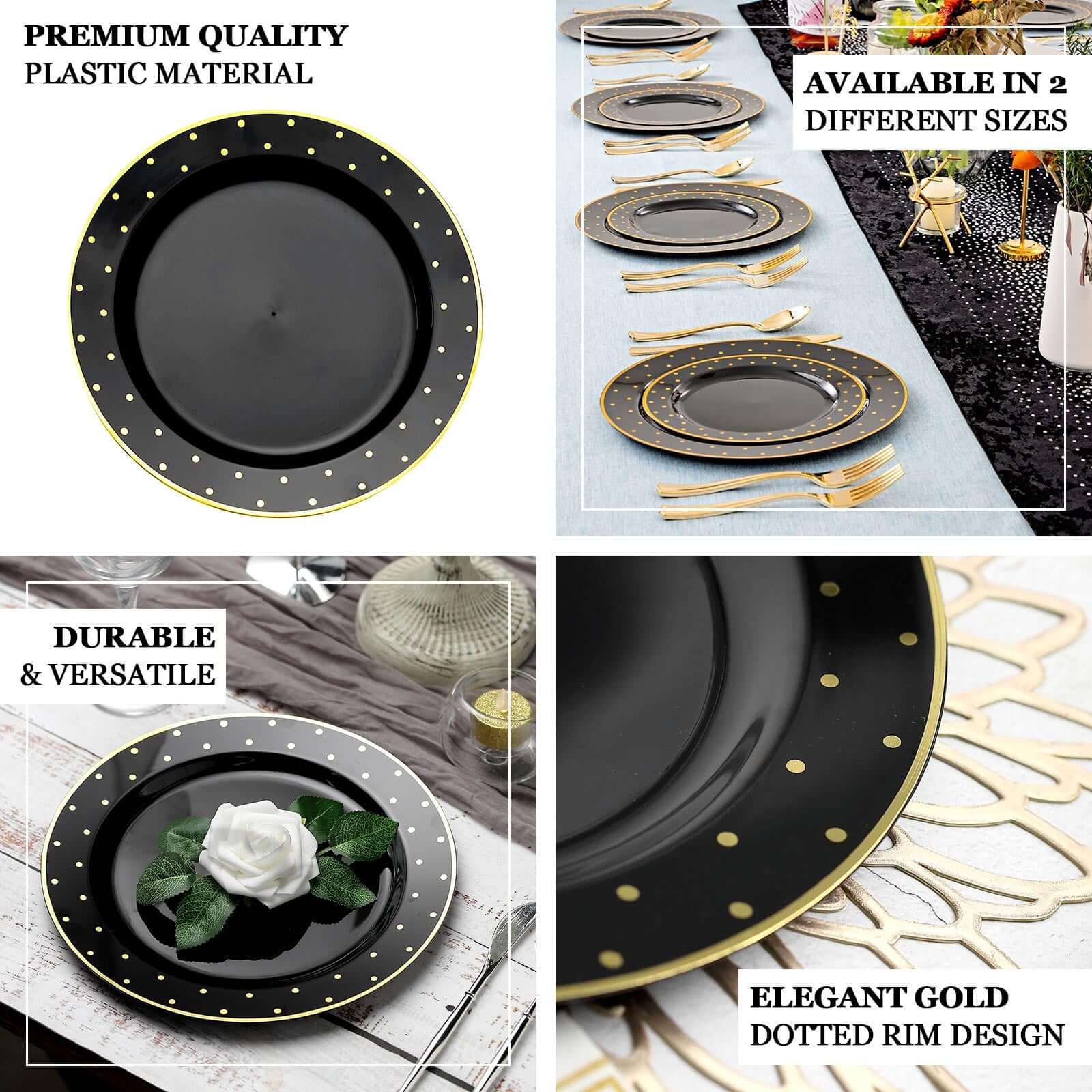 10-Piece Set of 7.5-Inch Black Plastic Dessert Plates with Gold Dot Rim, Disposable Salad Plates