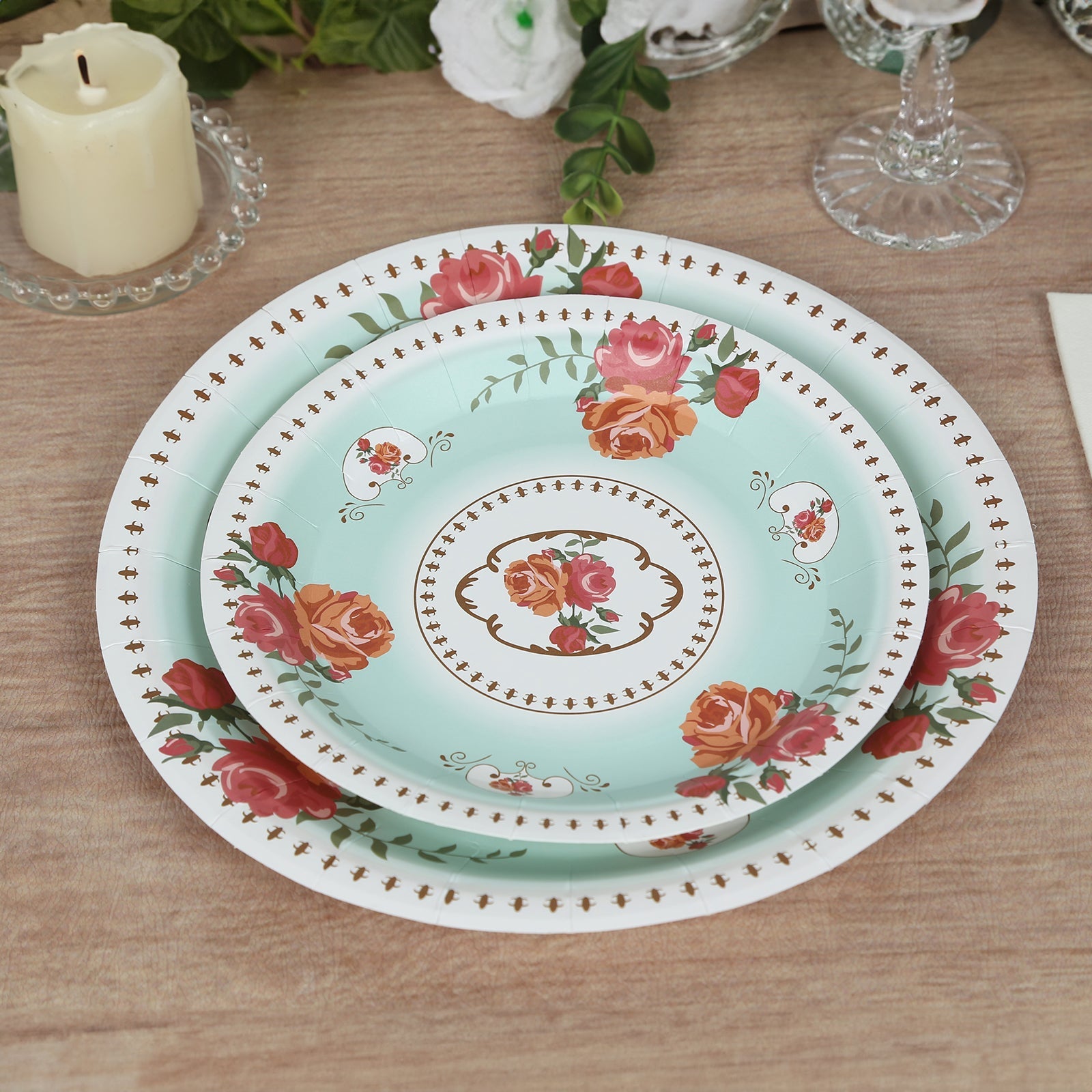 25-Pack 7-Inch Turquoise Vintage Rose Print Disposable Dessert Plates - Ideal for Events