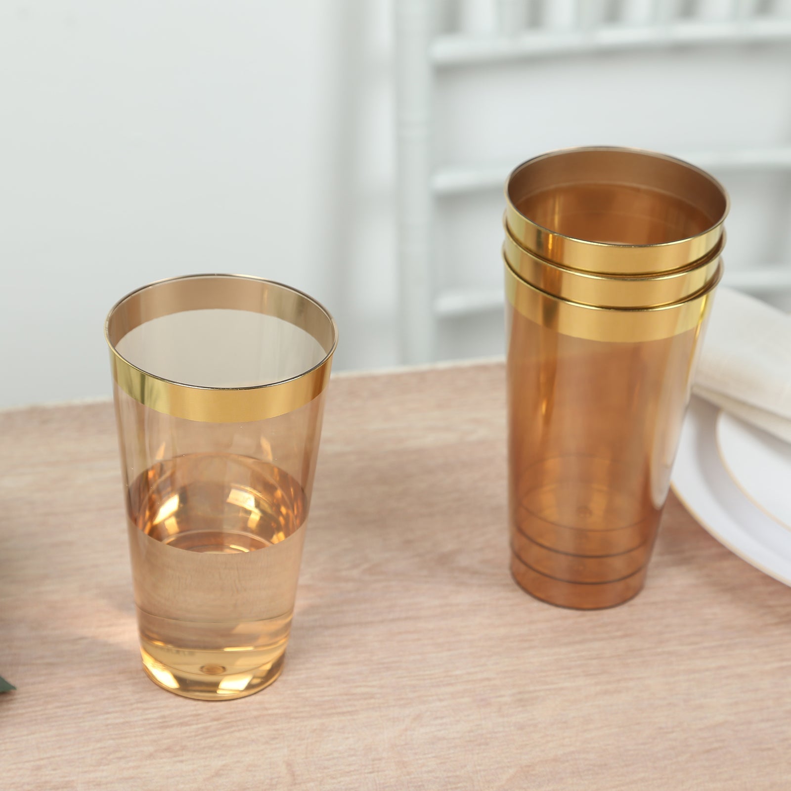 12-Pack 17oz Durable Disposable Plastic Party Cups - Transparent Amber Gold with Gold Rim
