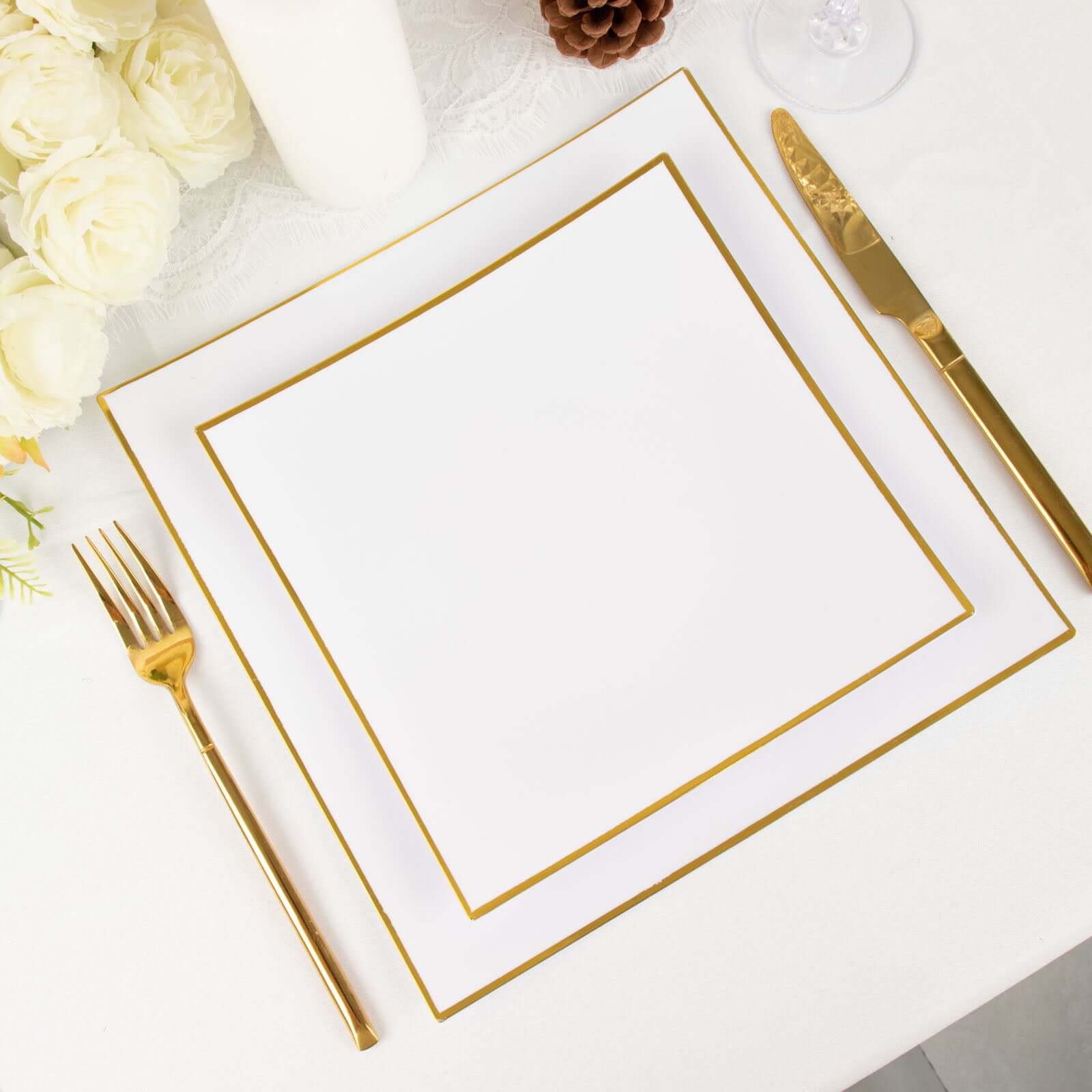 Hot Deal! 10-Pack White Concave Square Plastic Dessert Plates with Gold Rim - Ideal for Weddings & Special Events