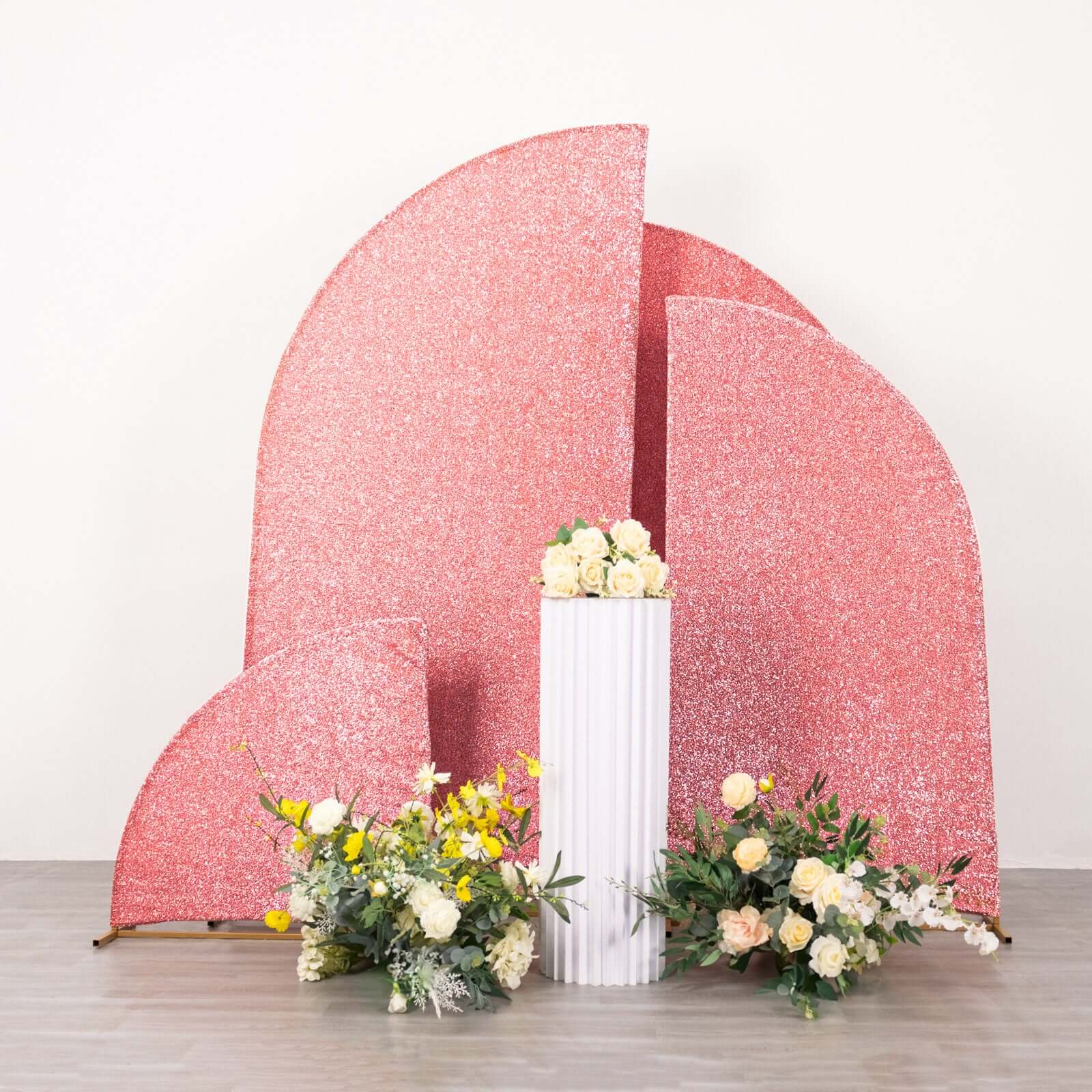 4-Piece Rose Gold Chiara Wedding Arch Covers in Shimmer Tinsel, for 2.5ft - 7ft Half Moon Stands
