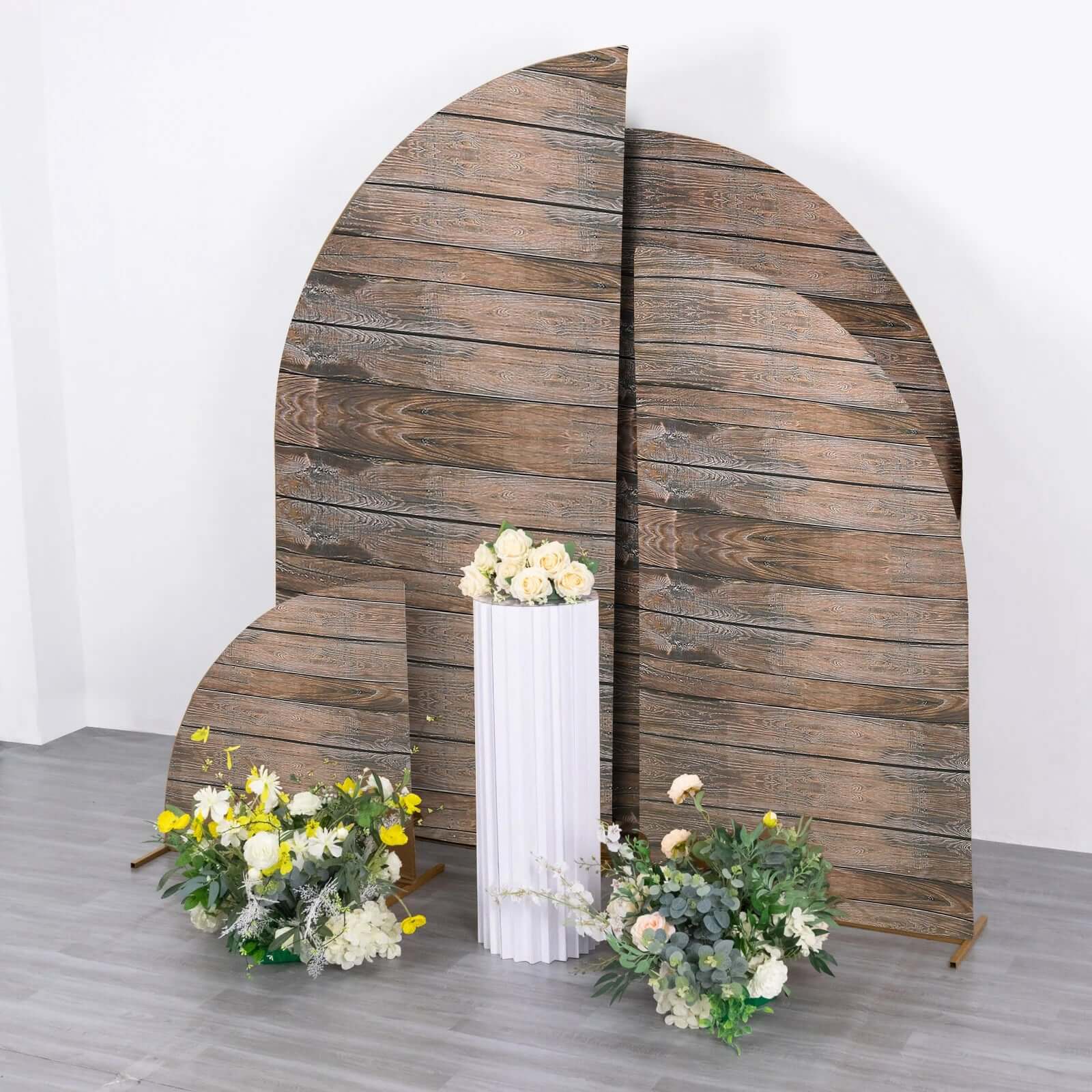 Set of 4 Brown Spandex Wedding Arch Covers with Rustic Wood Design, for Half Moon Stands