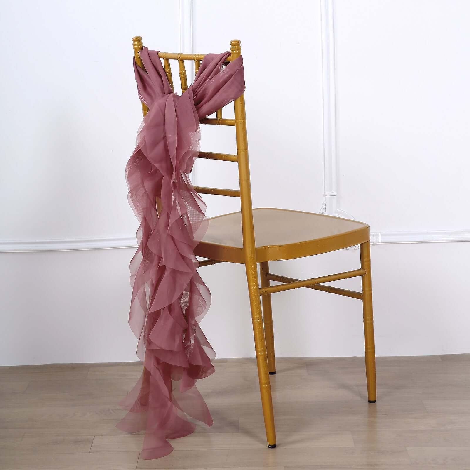 Stylish Mauve Cinnamon Rose Chiffon Chair Sashes Set with Willow Ruffles Design