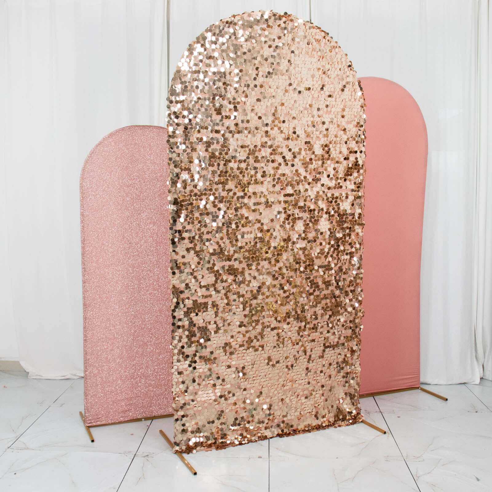 3-Piece Rose Gold Wedding Arch Frame Covers: Sequin, Tinsel & Spandex