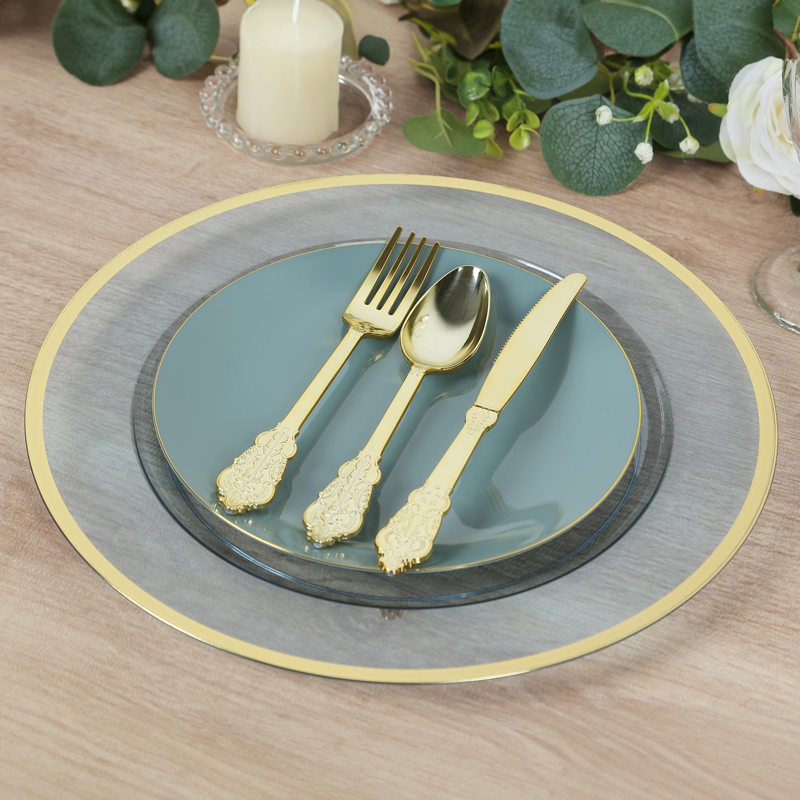 Economy 10-Pack 12-Inch Transparent Dusty Blue Round Plastic Charger Plates with Wide Gold Rim for Party Serving