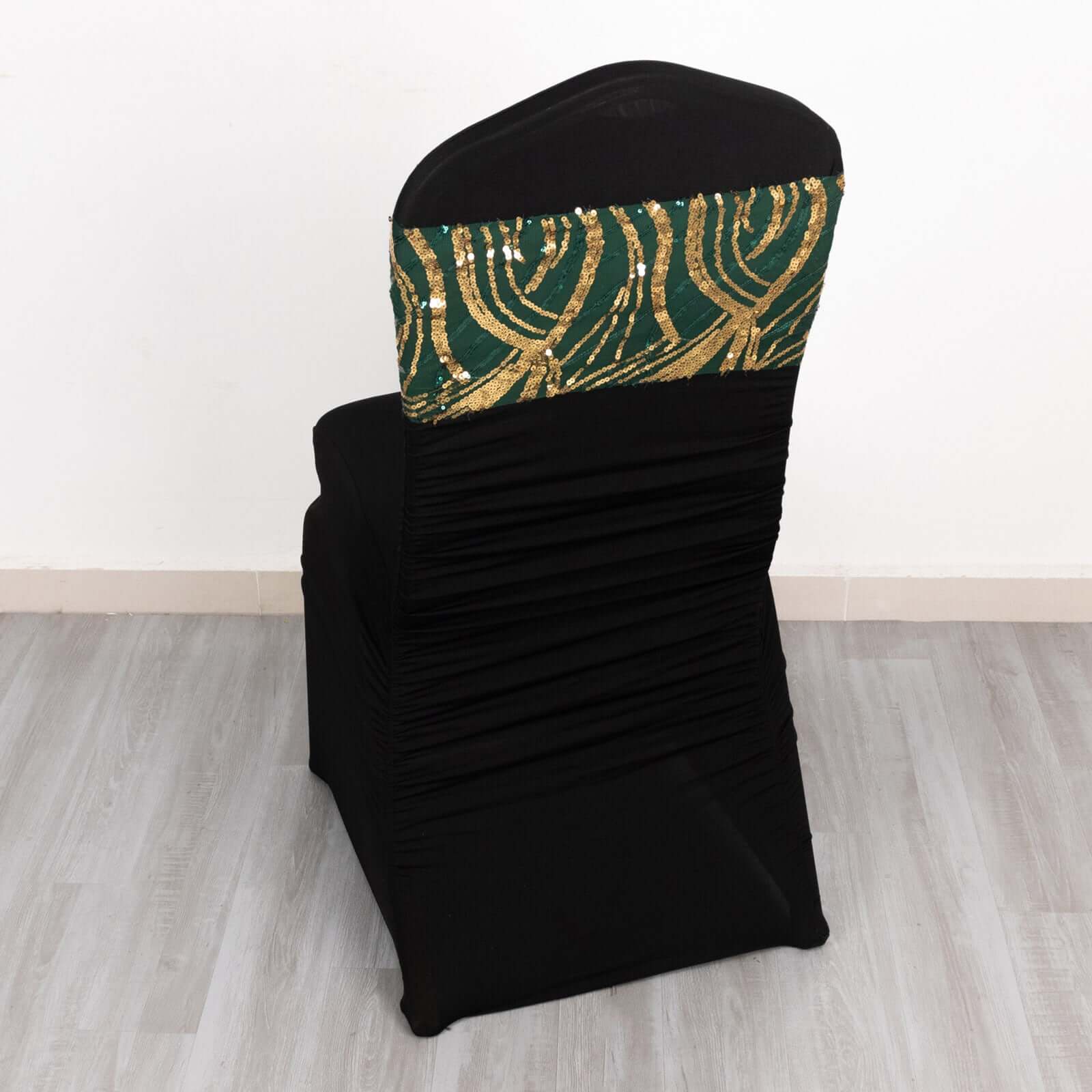 Hot Deal! 5-Pack Hunter Emerald Green/Gold Chair Sash Bands with Wave Embroidered Sequins