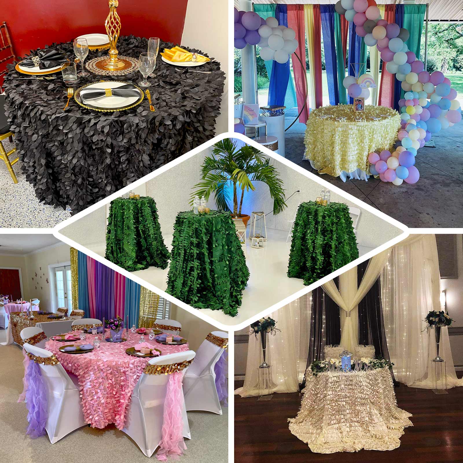 Green 132' Taffeta Round Tablecloth with 3D Leaf Petal Design - Perfect for Events!