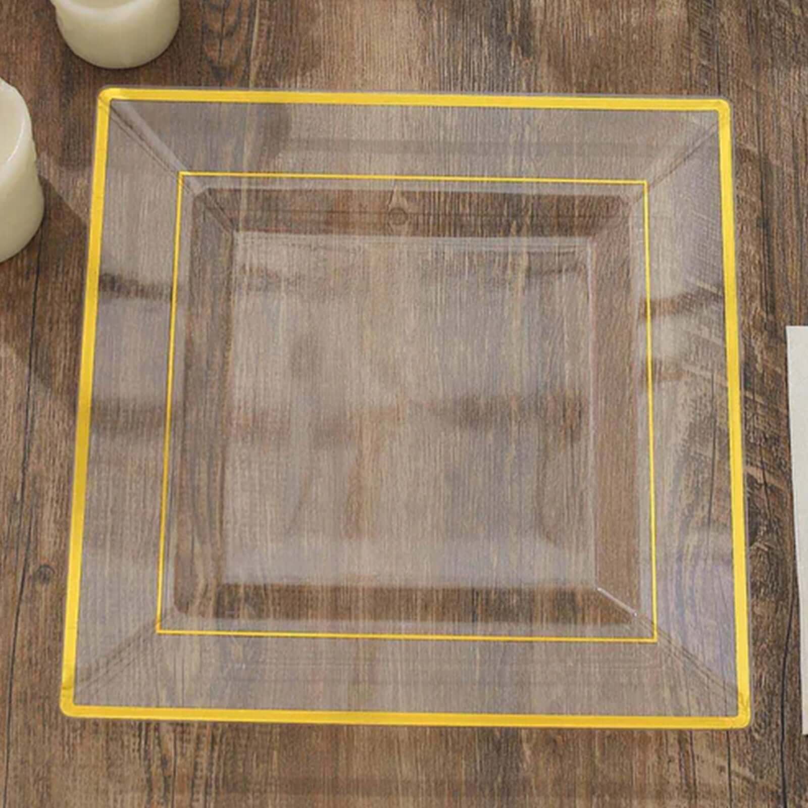 10-Pack Gold Trim Clear Square Plastic Disposable Dinner Plates for Parties