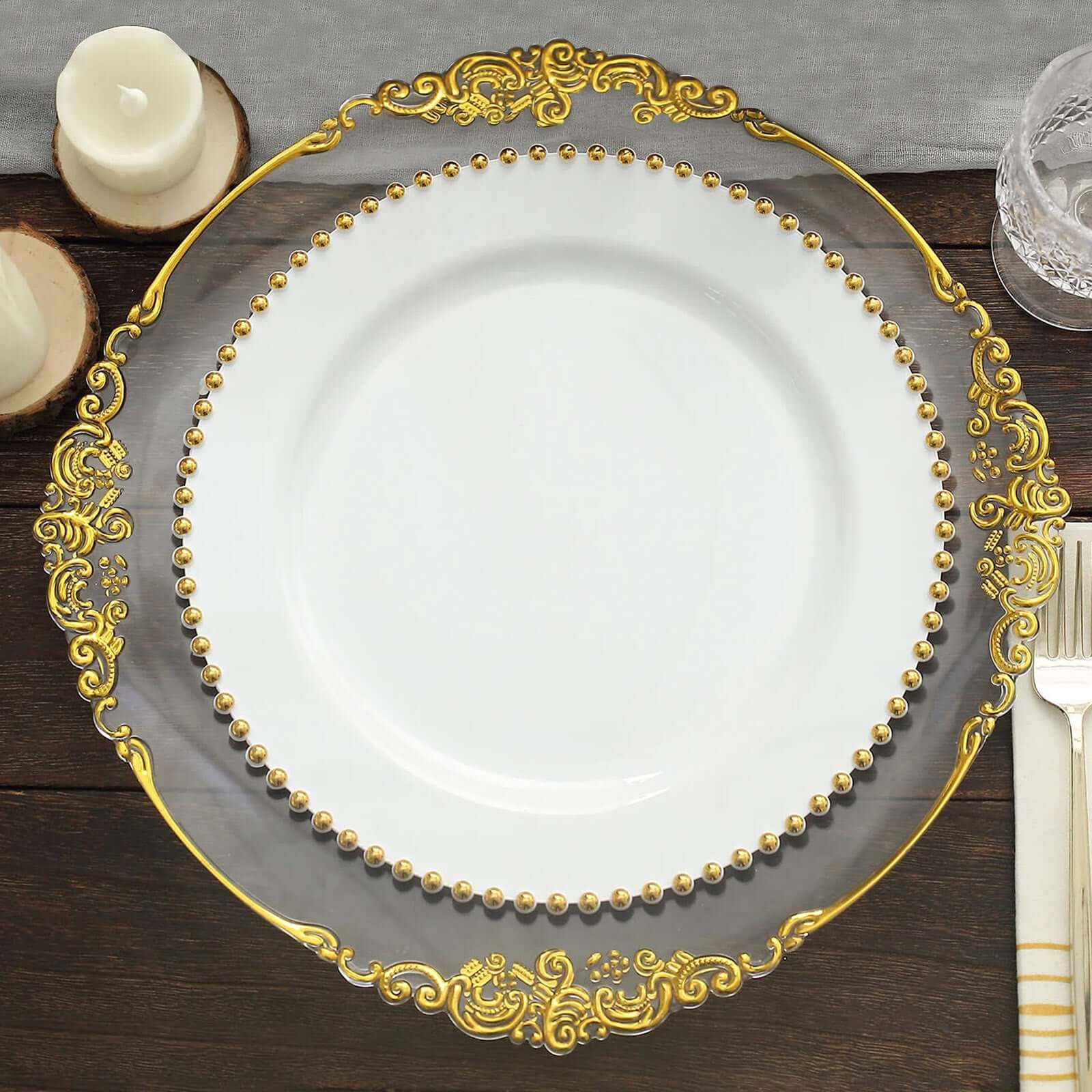 Hot Deal! 10-Pack Disposable White Plastic Round Dinner Plates with Gold Beaded Rim for Banquets