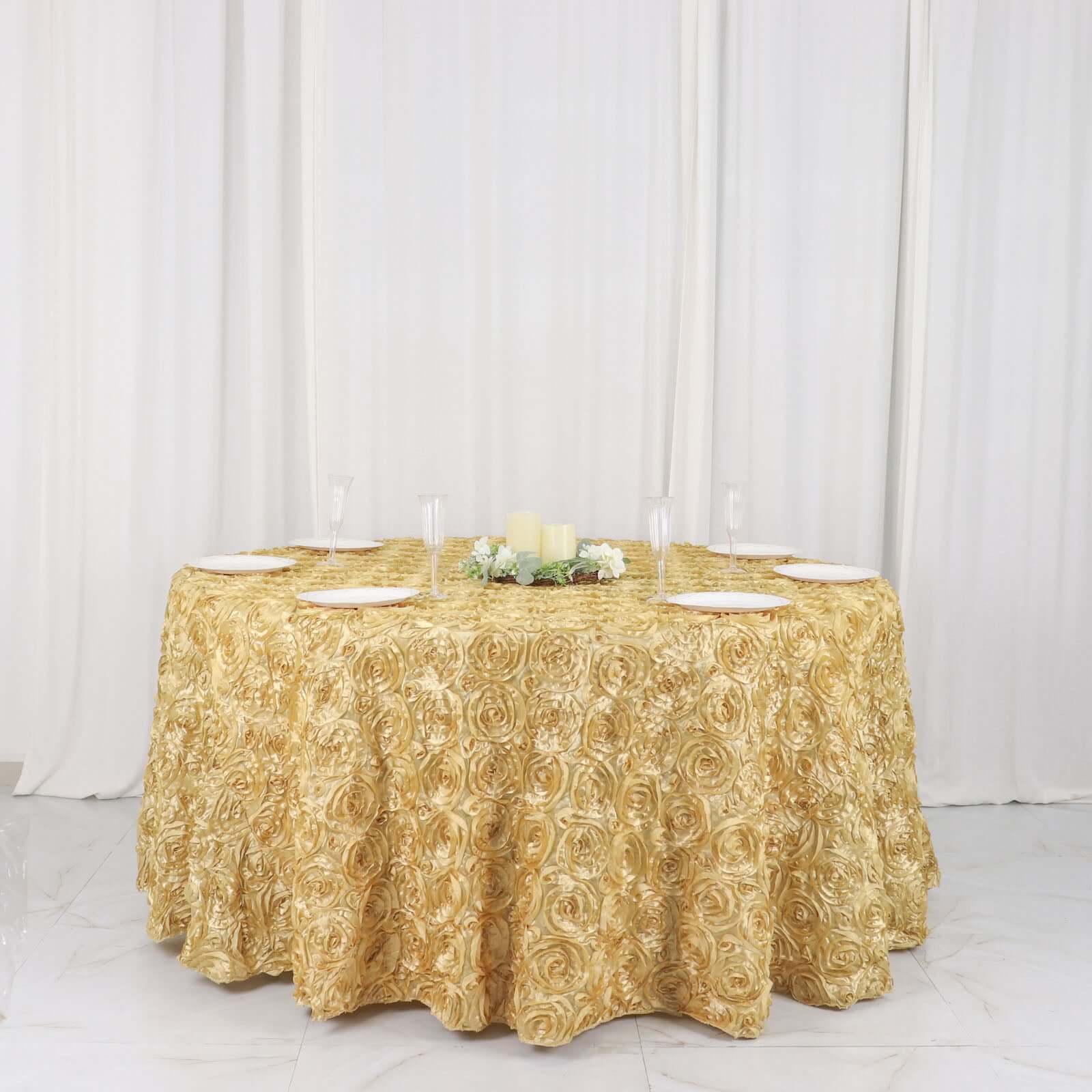 Champagne Satin 120-Inch Round Tablecloth with Stunning 3D Rosette and Seamless Finish