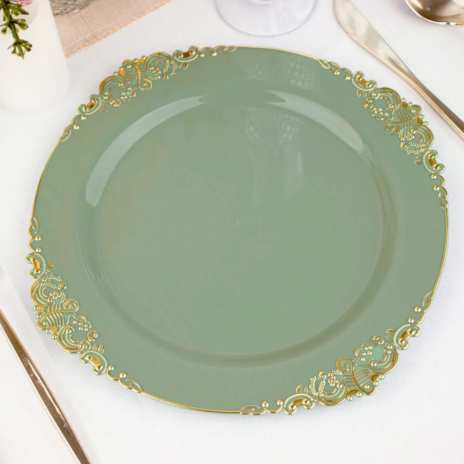 10-Pack Disposable Round Plastic Dinner Plates in Dusty Sage Green with Gold Leaf Embossed Rim - Vintage Baroque Style