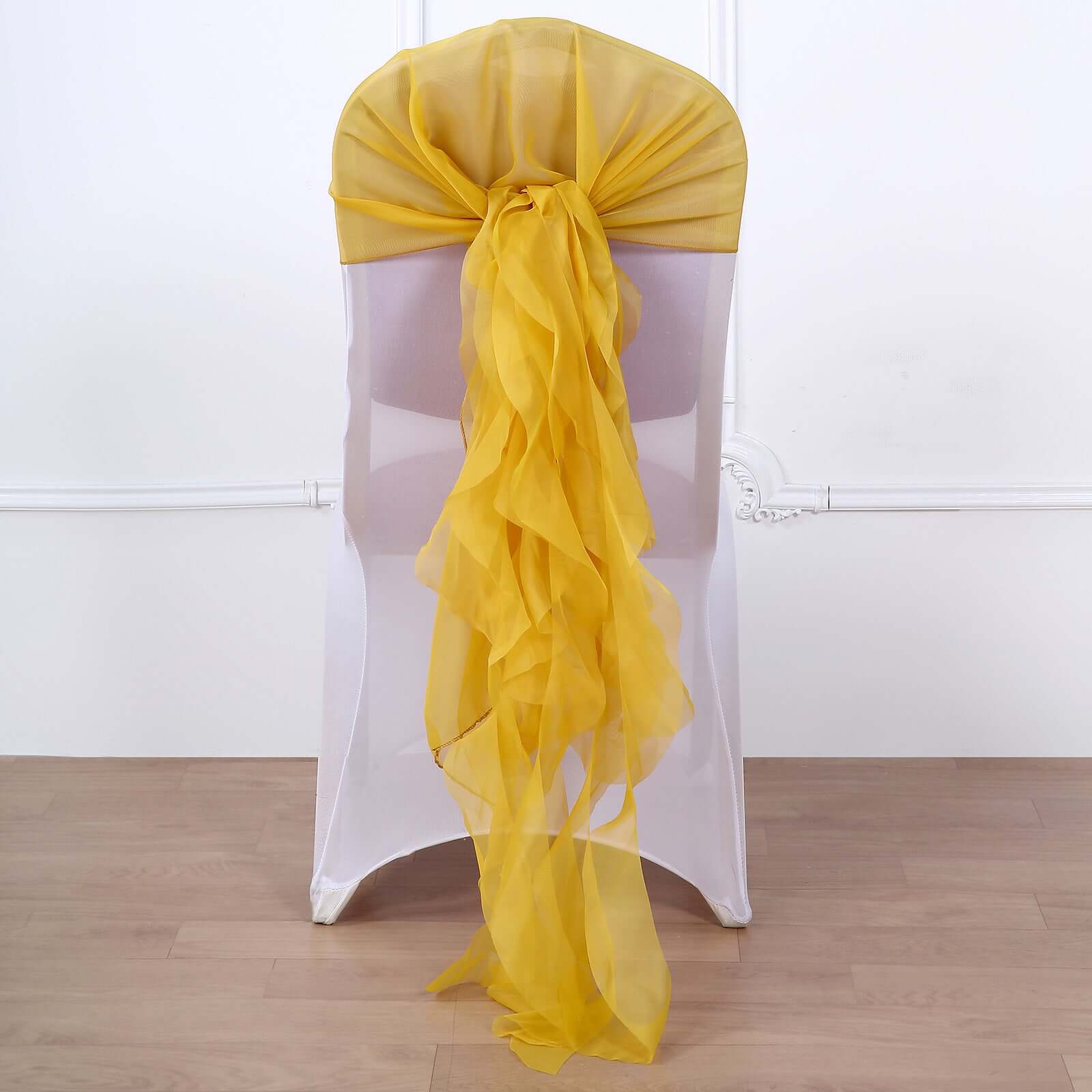 Mustard Yellow Chiffon Chair Sashes Set with Willow Ruffles - Elegant Chair Bow Decor