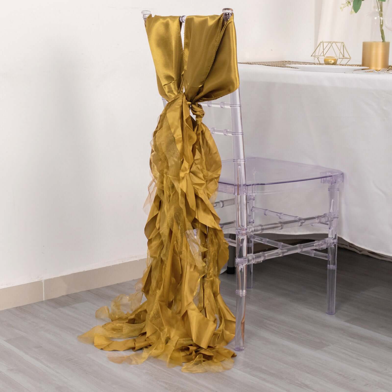 5-Pack Gold Chiffon Satin Curly Willow Chair Sashes - Easy Install, Ideal for Weddings
