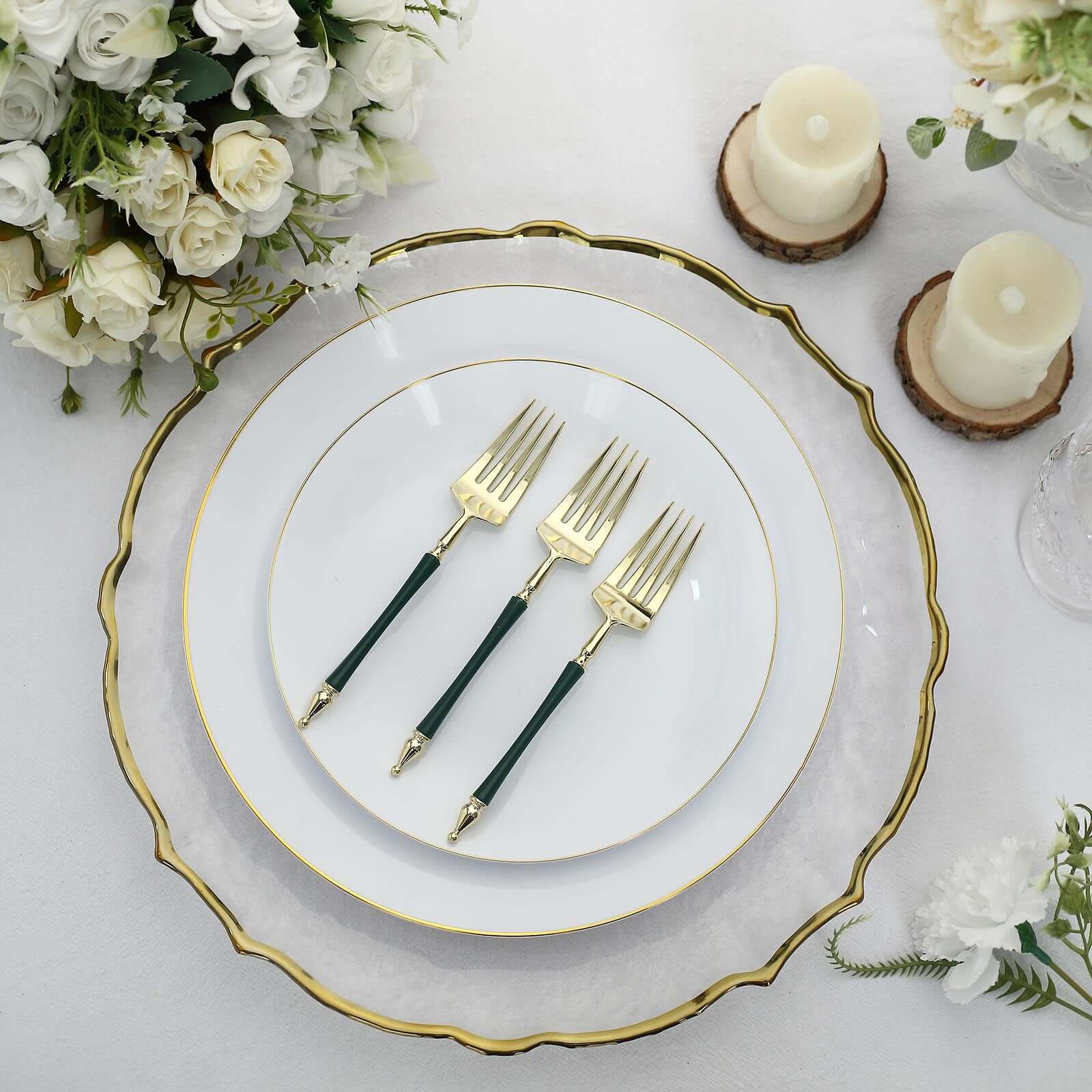 24-Pack 6" Gold & Hunter Emerald Green Plastic Dessert Forks with Roman Column Handles - European Style Disposable Utensils