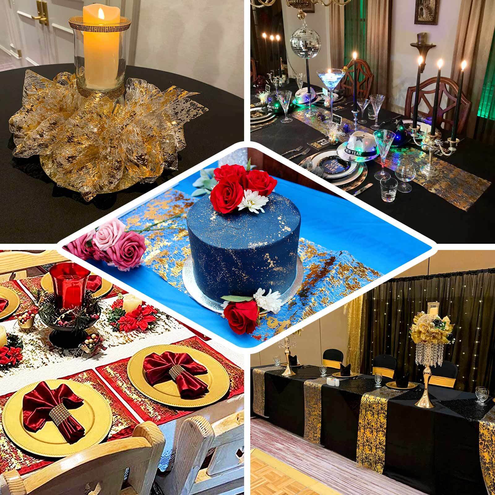 Hot! Disposable Metallic Gold Polyester Table Runner Roll with Distressed Foil Printing for Party Decor