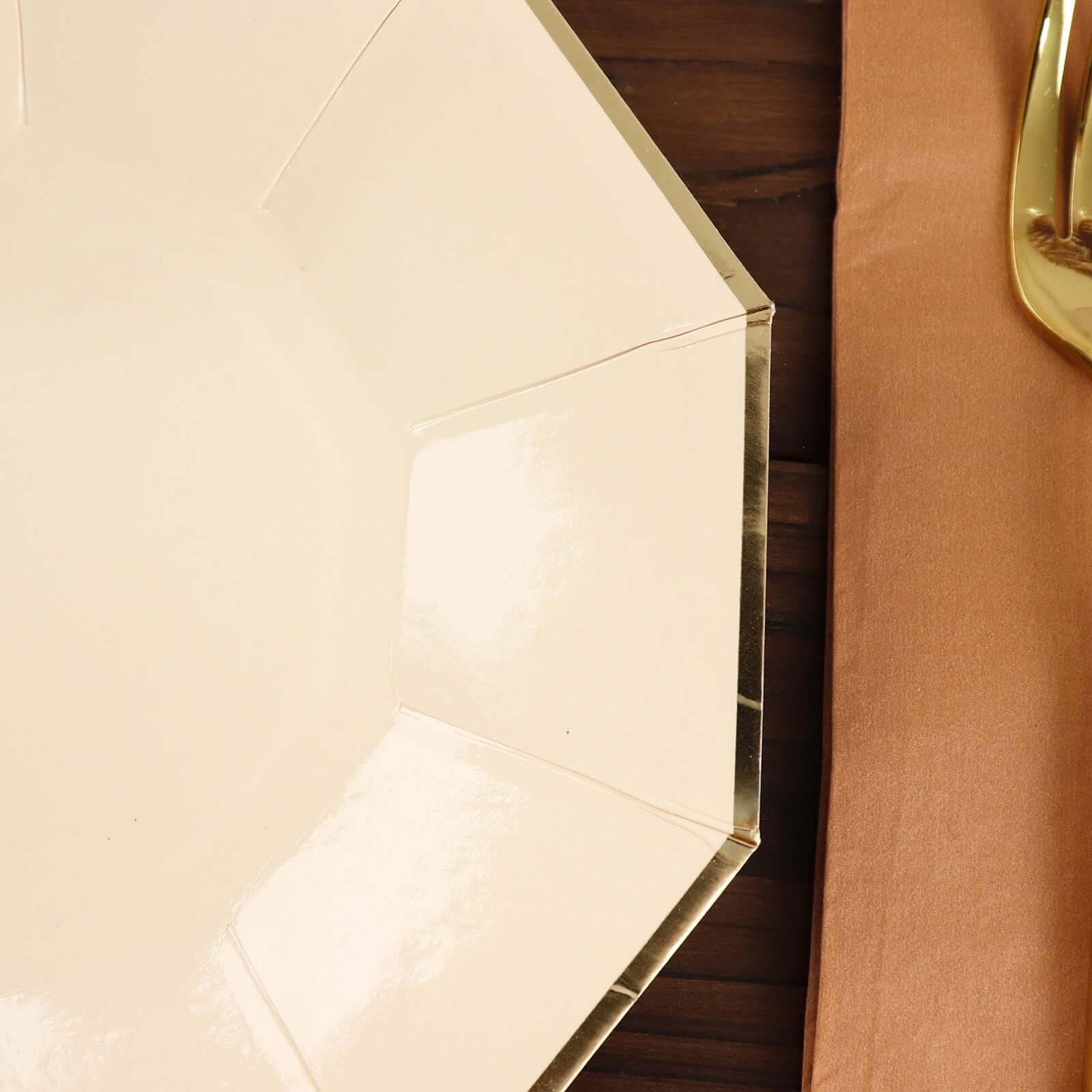 25-Piece Set of 9-Inch Beige Disposable Dinner Plates with Gold Foil Rim for Modern Weddings and Events