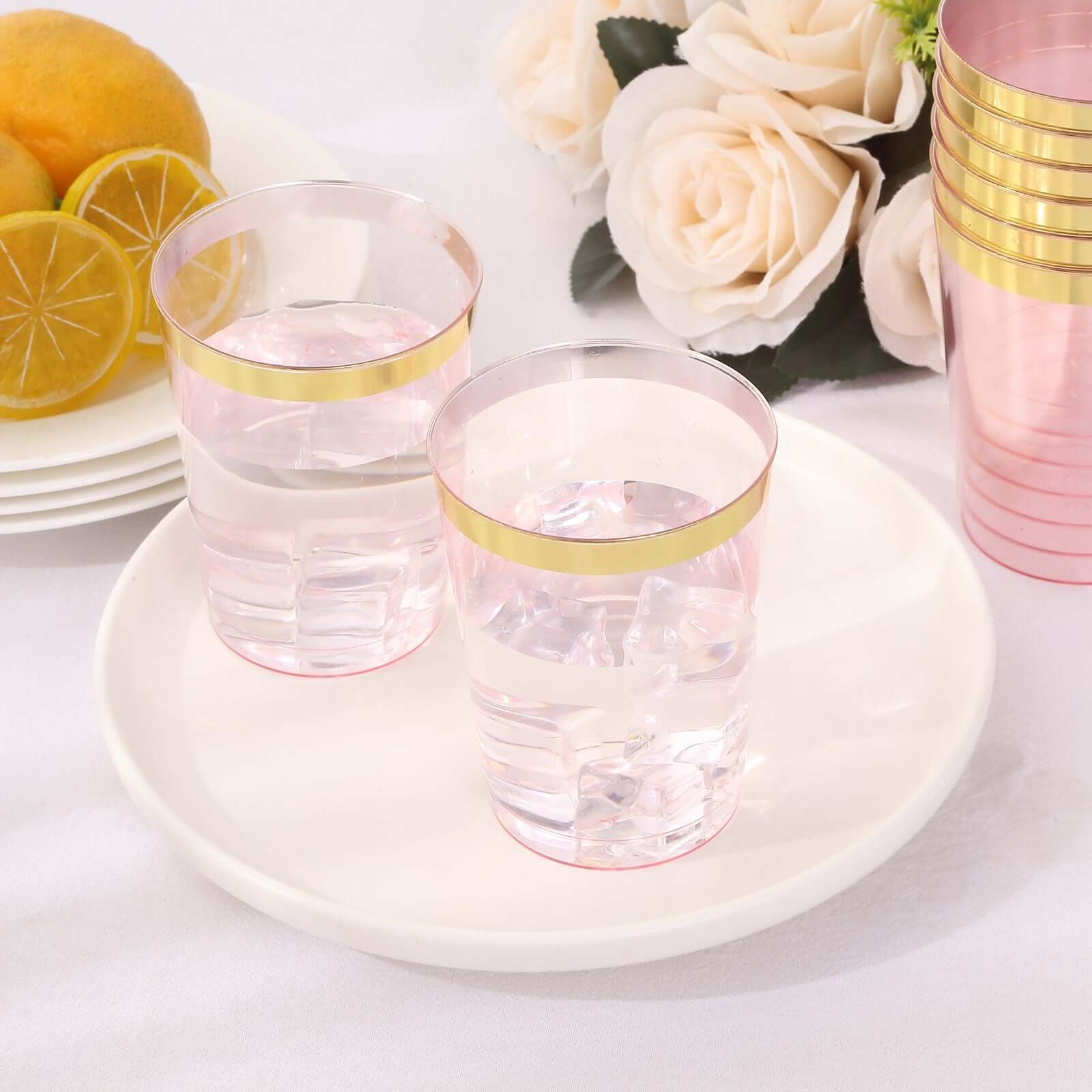 25-Pack 10oz Disposable Plastic Tumbler Cups in Transparent Blush with Stylish Gold Rim